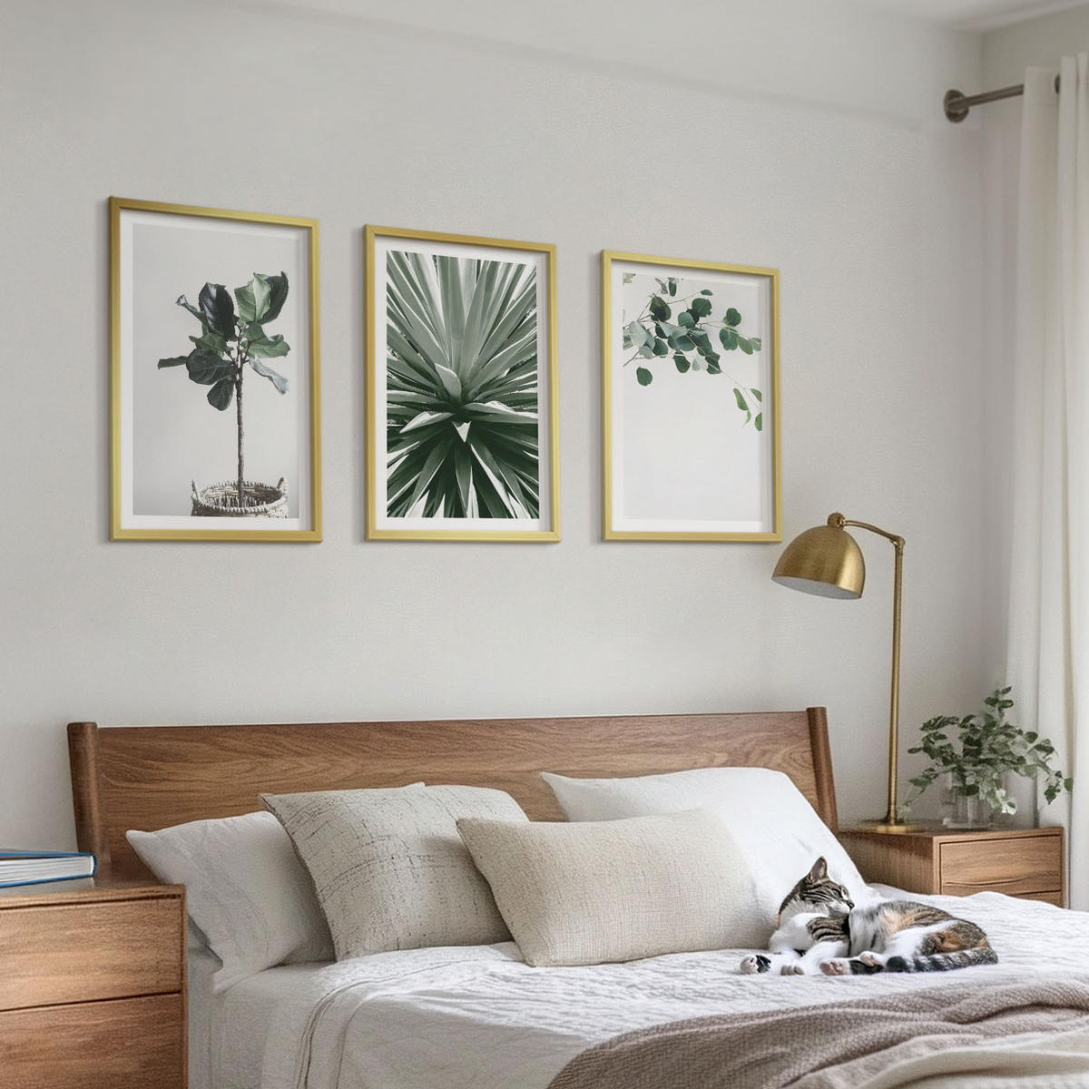 BILDER SET 3er Set - 40x60 cm Goldrahmen - Minimalismus mit grünen Pflanzen - Goldfarben, Kunststoff (40/60cm) - TULUP