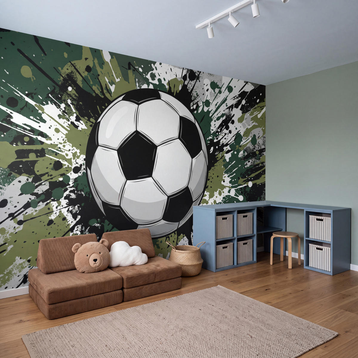 KINDERTAPETE - Fußball - Farbe - Spritzer - Grün - 400x240 cm - Dunkelgrün, Papier (400/240cm) - OnlyWow