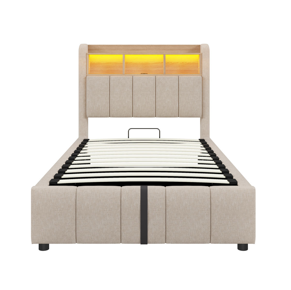 POLSTERBETT 90/200 cm Beige aus Leinenstoff mit LED-Beleuchtung und Stauraum - Beige, Textil (90/200cm) - OKMYHOME