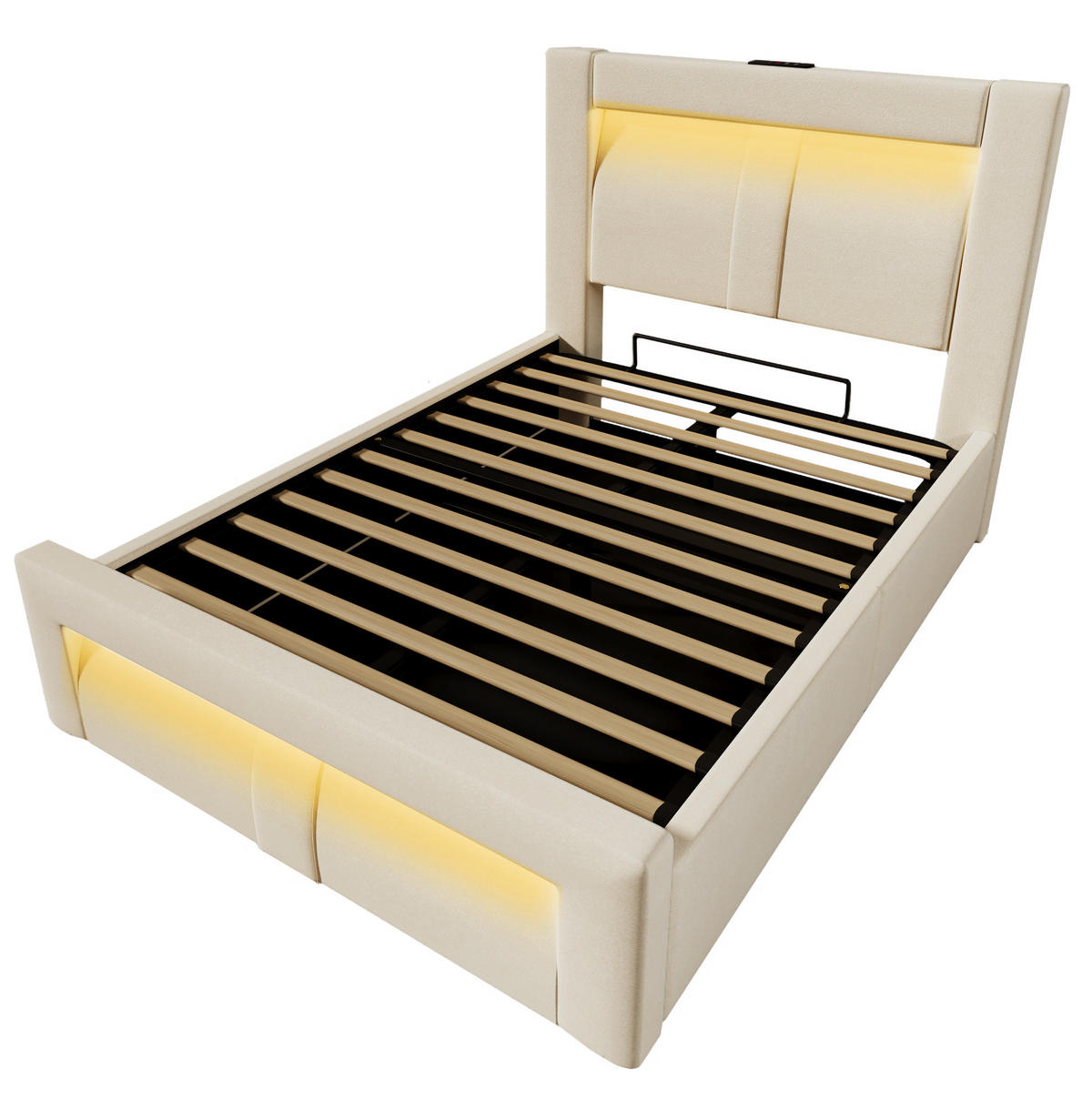POLSTERBETT 90/200 cm Beige mit Stauraum, LED-Beleuchtung und Matratze - Beige, Textil (90/200cm) - Flora Grace