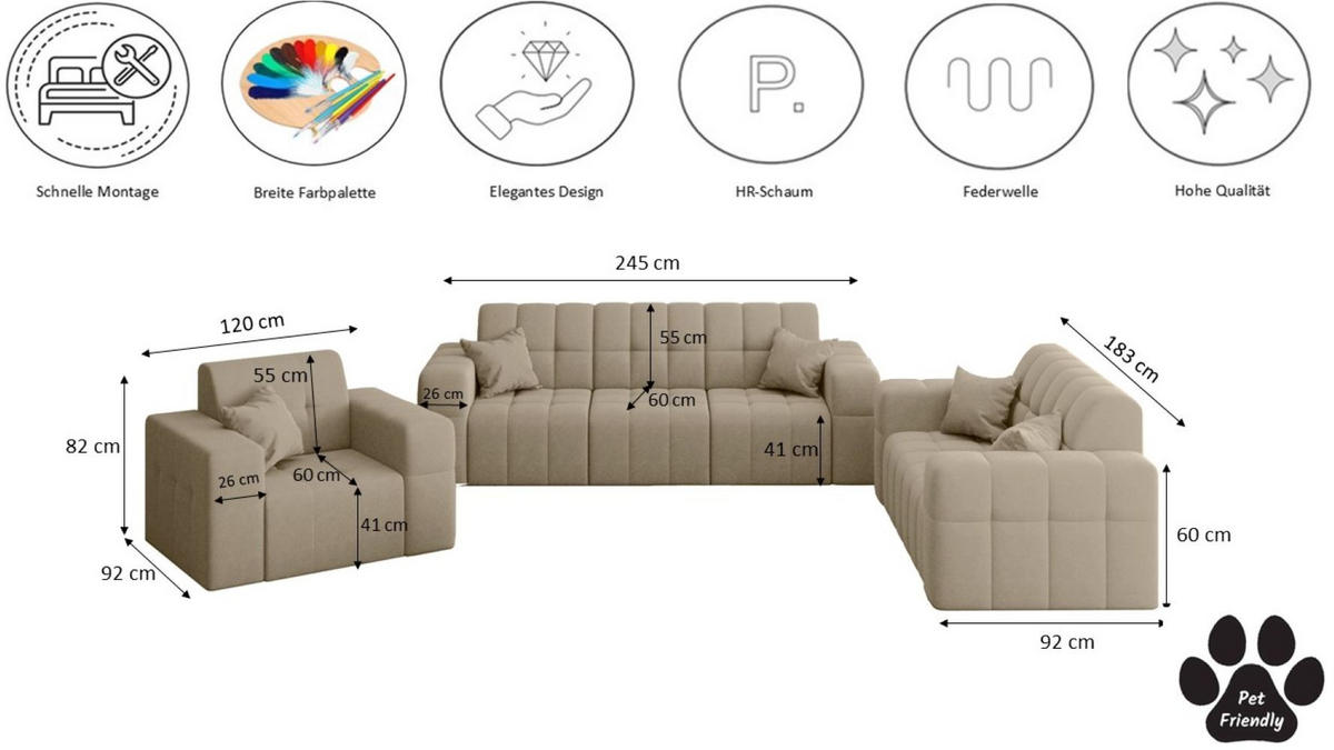 SITZGARNITUR NIMES 3-2-1 Stoff Portland Beige - Beige, Holz/Textil (92/82/245cm) - Kaiser Möbel