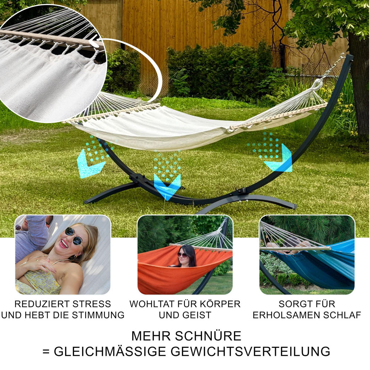 HÄNGEMATTE mit Gestell, 2 Personen, Stabhängematte, XL, 160 kg, Metall, Beige, einfache Montage - Ecru, Metall (370/130/120cm) - Potenza