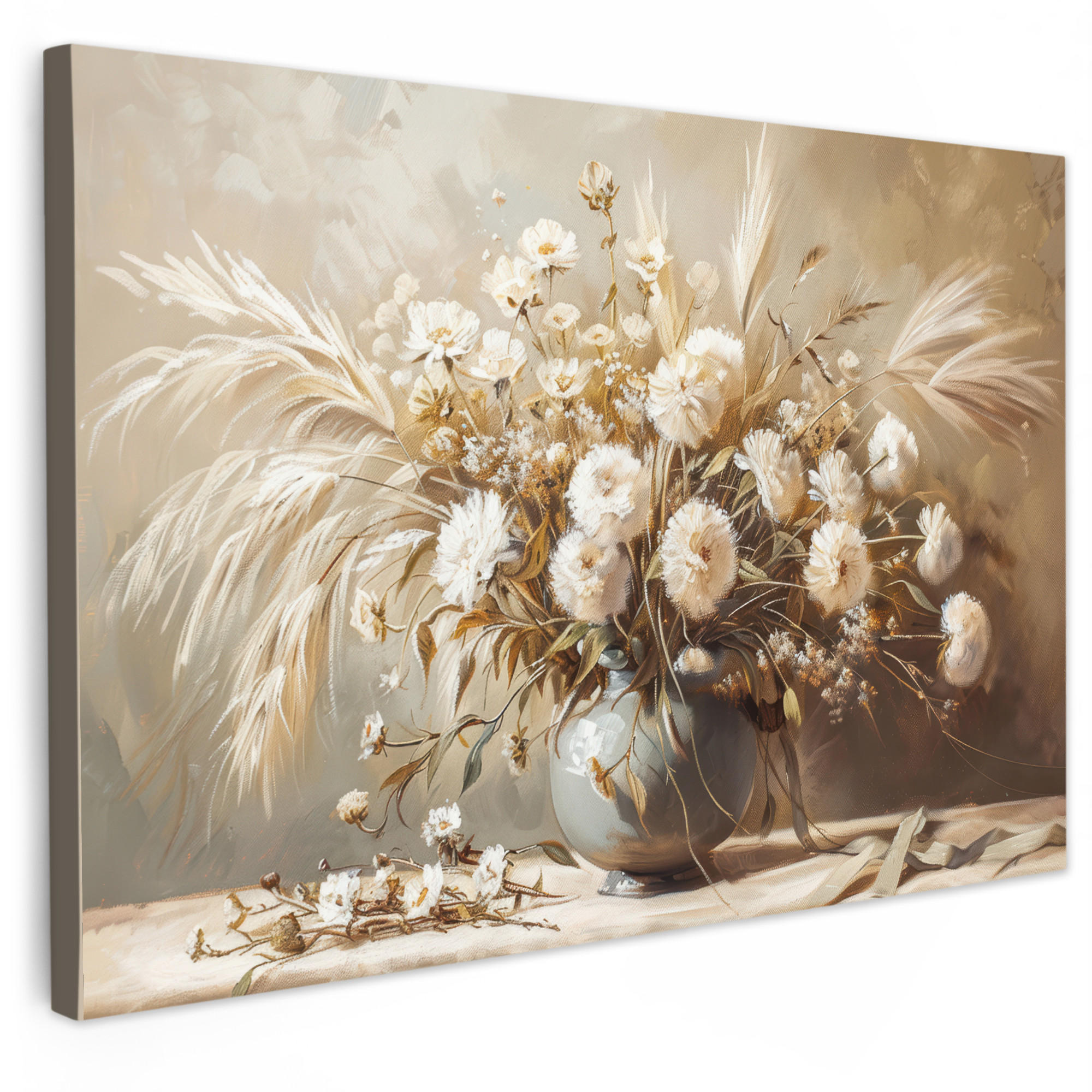 LEINWANDBILD Blumen - Vase - Stilleben - Beige XXL 150x100 cm - Creme, Textil (150/100cm) - MuchoWow