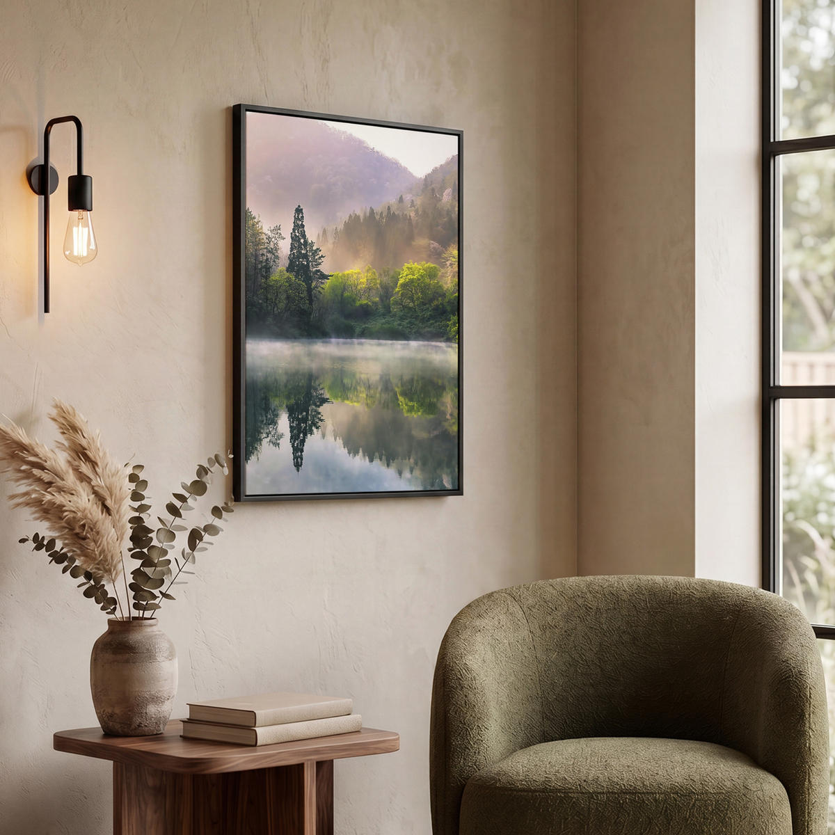 LEINWAND Bilder mit Rahmen - Natur - Bäume - Berge - See - Wasser - 50x70 - Hellgrün, Textil (50/70cm) - MuchoWow