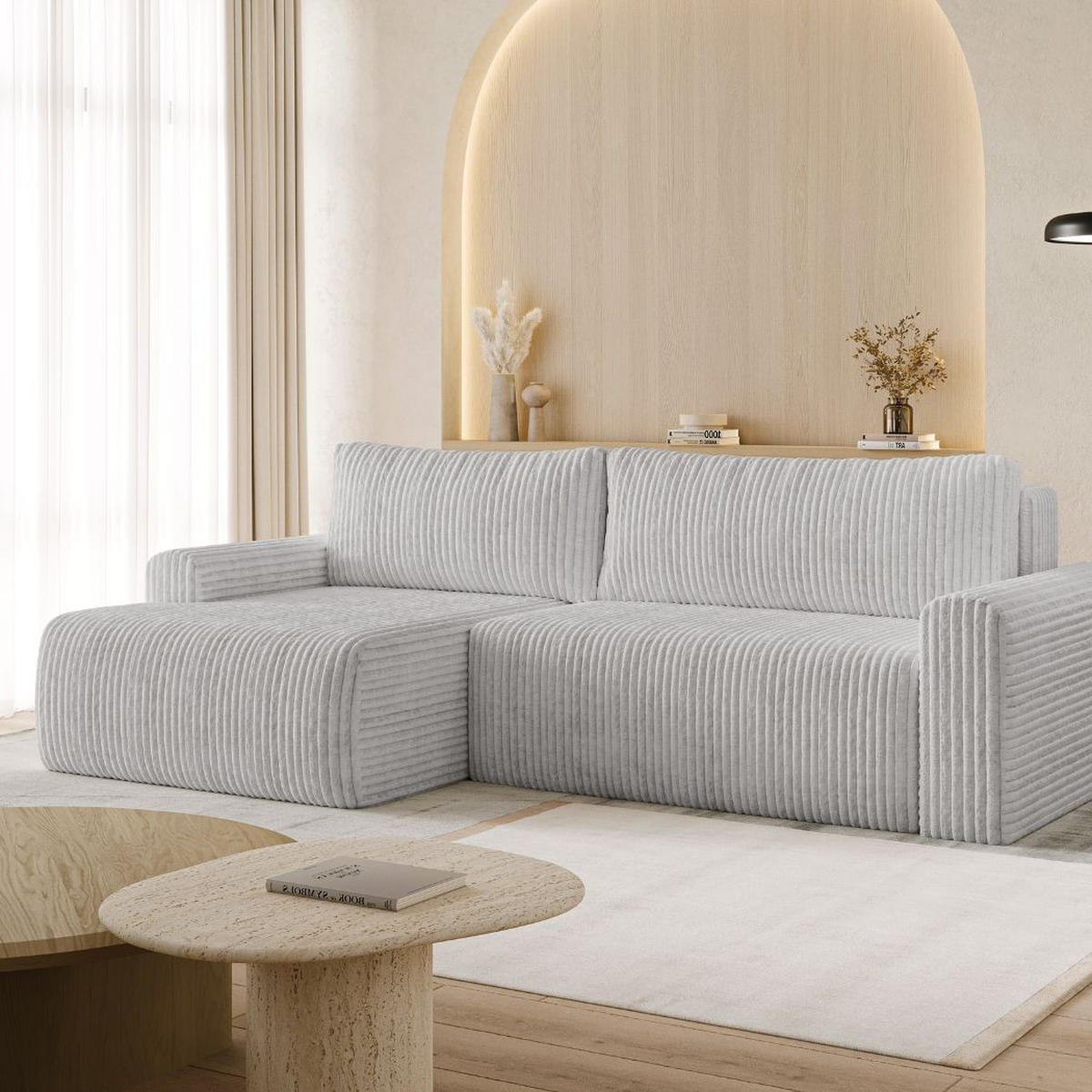 ECKSOFA MILO LARGE mit Schlaffunktion, Bettkasten und Cordbezug, Links - TILIA 86 (aschgrau) - Grau, Holz (270/142cm) - Dekori_Interiors