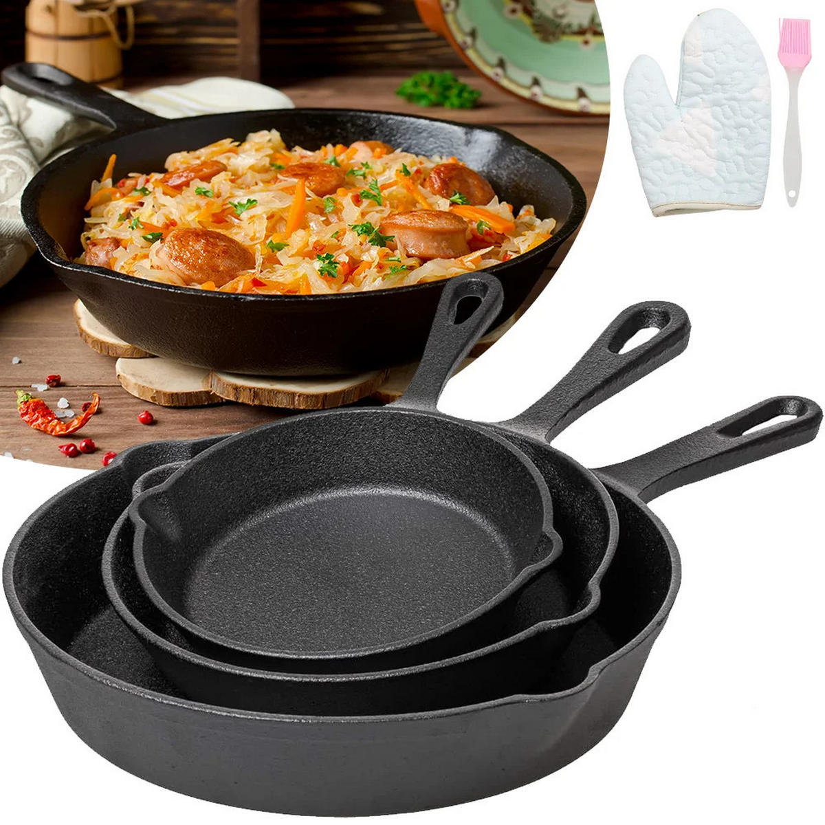 PFANNENSET Gusseisen 3-teilig Bratpfanne Topf Schwarz - Schwarz, Metall - Kaket