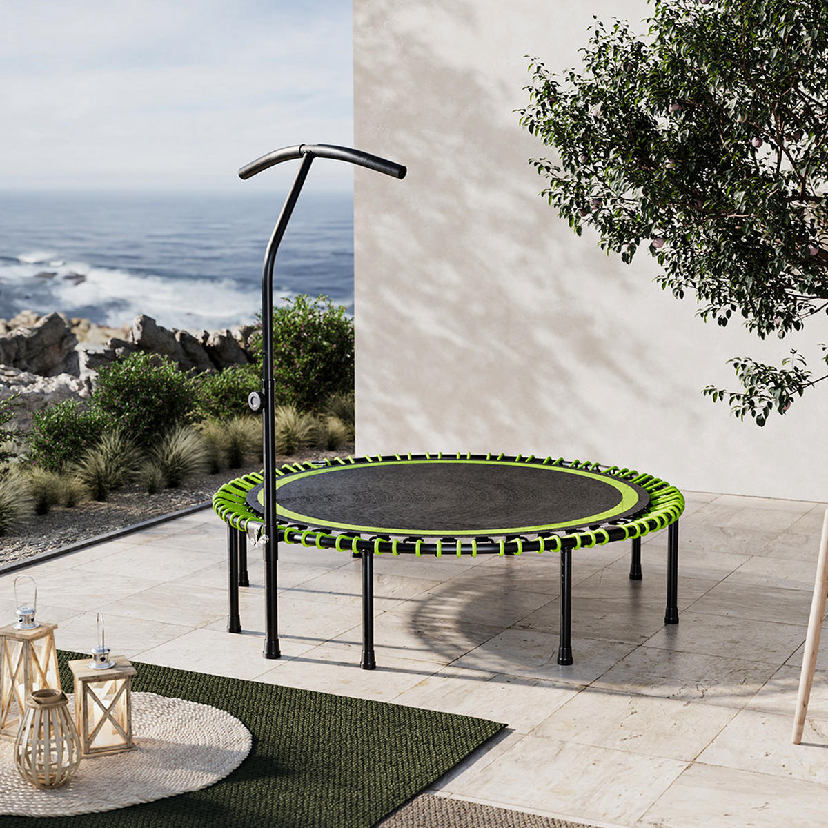 48-ZOLL-RUNDTRAMPOLIN mit Bungee-Seilen und verstellbarem T-Griff Faltbar aus Stahl Oxford-Gewebe Gummiseil in Schwarz Grün 122 x 122 Tx 123 cm - Grün, Metall (122/122cm) - Livingandhome