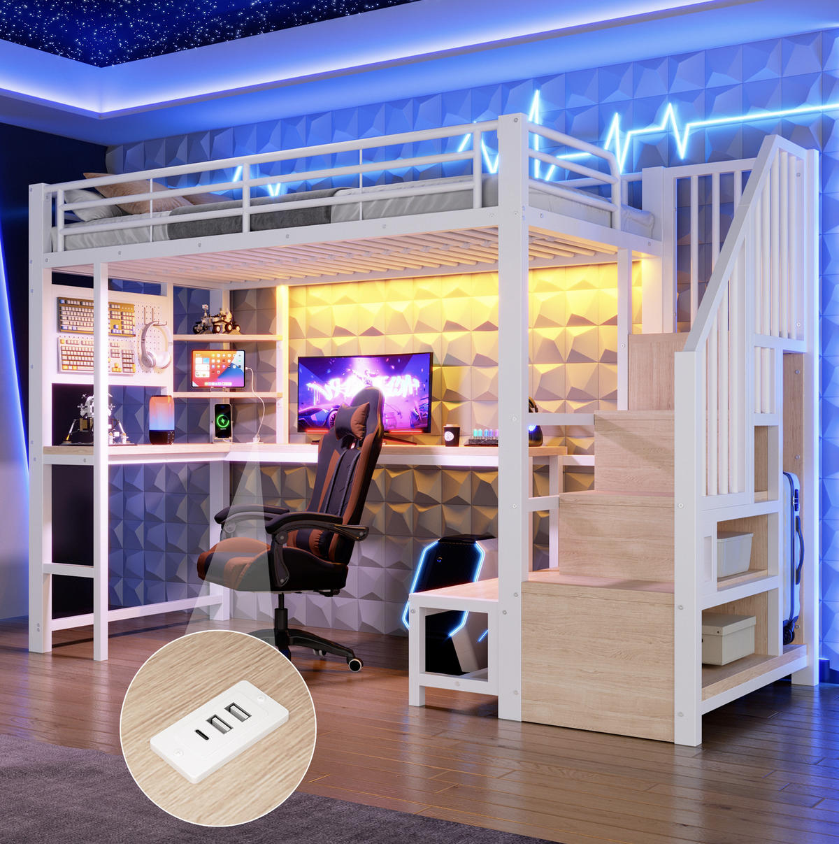 HOCHBETT Metall/MDF 90x200 cm Weiß mit Schreibtisch, Stauraumtreppe, Regalen, Lochwand, LED & USB - Weiß, Holzwerkstoff (90/200cm) - Modfu