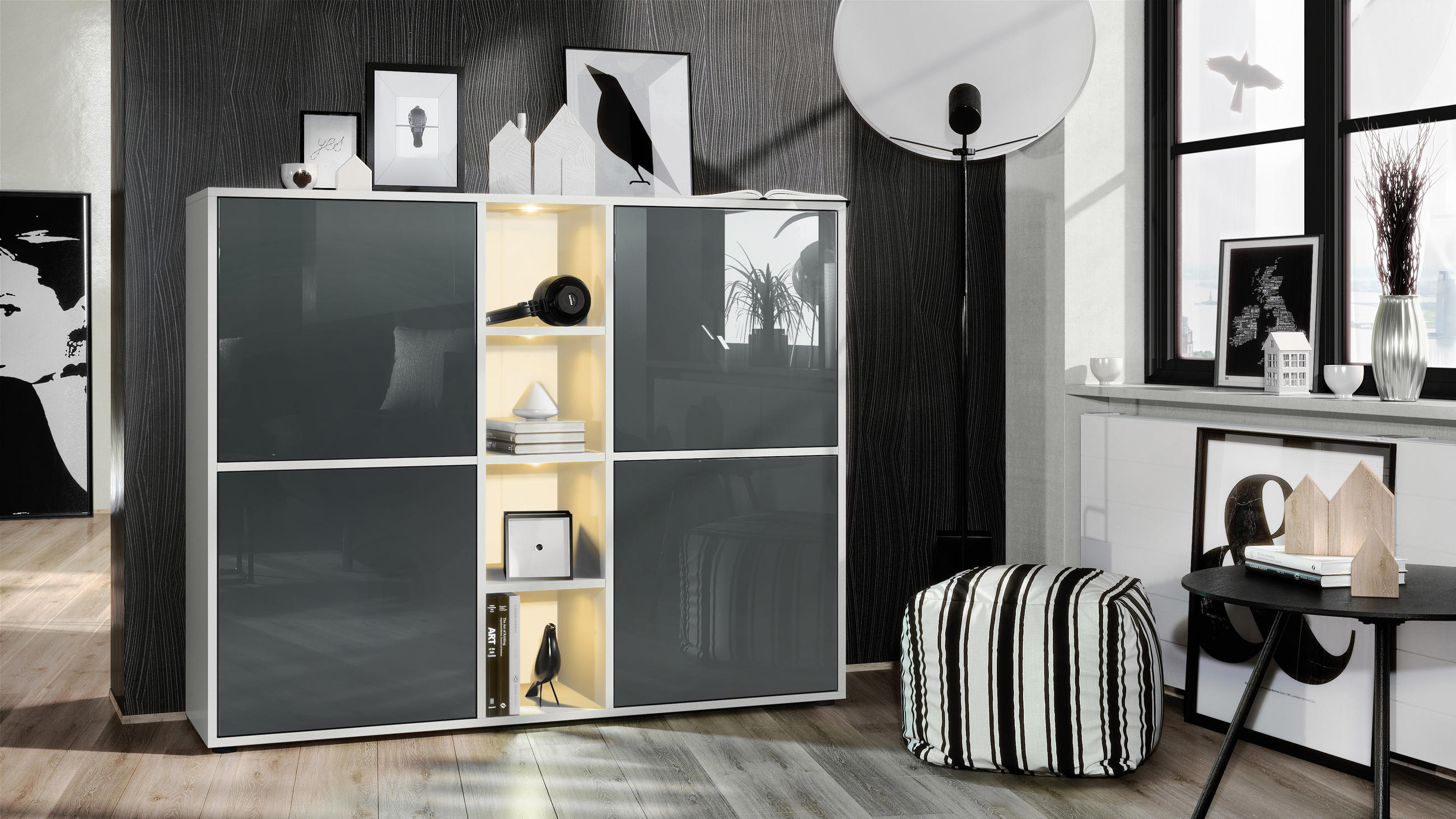 HIGHBOARD Cuba Türen in Grau Hochglanz - Grau, Holzwerkstoff (130.5/105.5/35.5cm) - Vladon
