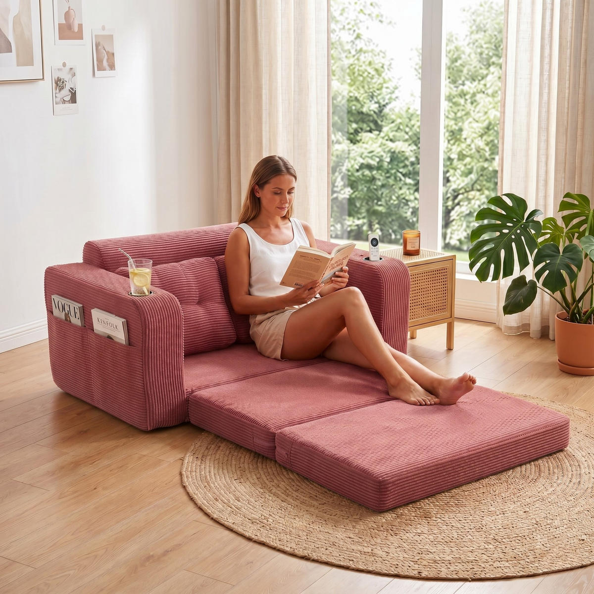 SCHLAFSOFA 2-Sitzer Sofa mit 2 Zierkissen,Lounge Sofa,Polstersofa,Cord,Weinrot - Rot, Textil (136/82.5/80cm) - LVHOM