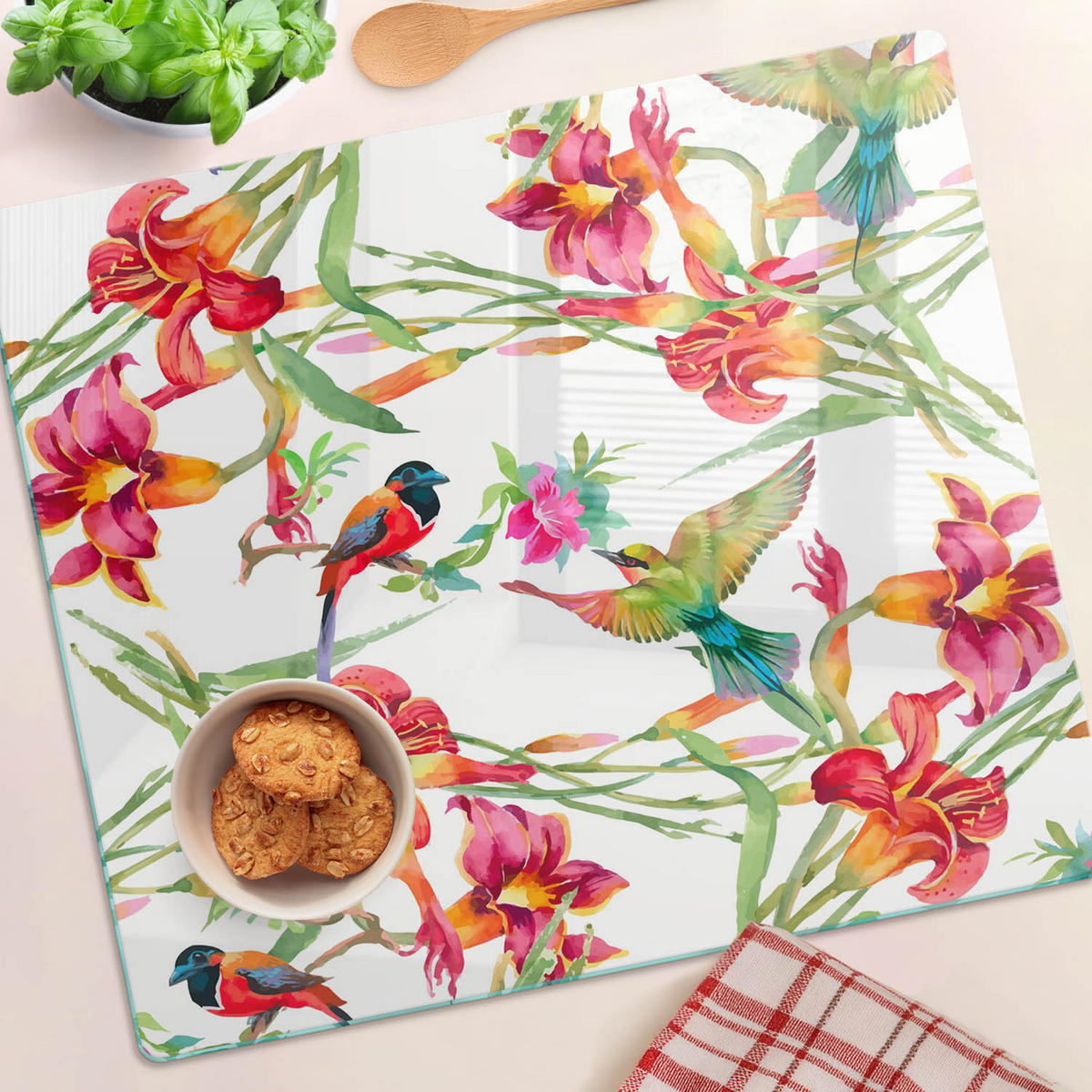 GLASPLATTE 60x52 cm Exotische Vögel - Rot/Weiß, Glas (60/0.4/52cm) - TULUP