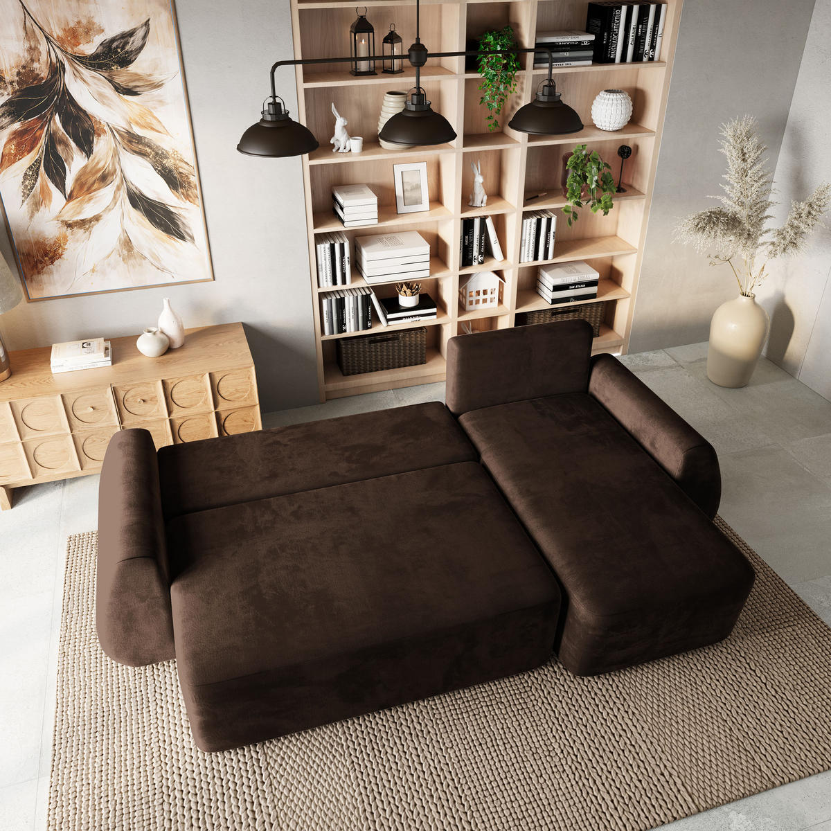 ECKSOFA GALVIS Braun Velours-Stoff mit Schlaffunktion - Braun, Holz (256/156cm) - MASSENO