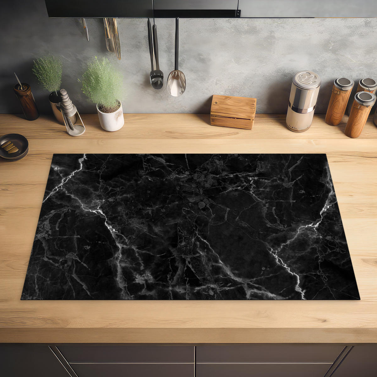 HERABDECKPLATTE - Marmor - Schwarz - Weiß - Textur - Marmoroptik - 80x50 - Silberfarben, Kunststoff (80/50/0.2cm) - MuchoWow