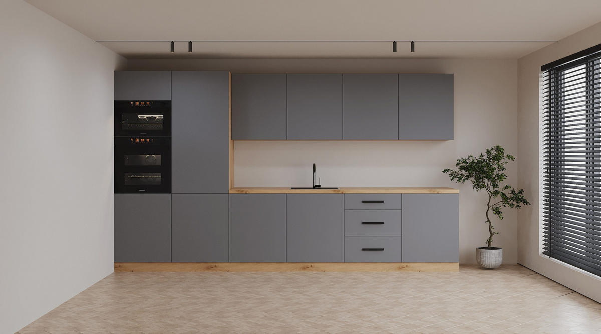 KÜCHENZEILE 360 cm – Nexa K109-G360 – in Beige / Matt - Beige/Schwarz, Holz/Metall (360/212/58cm) - ROYAL24_MARKT