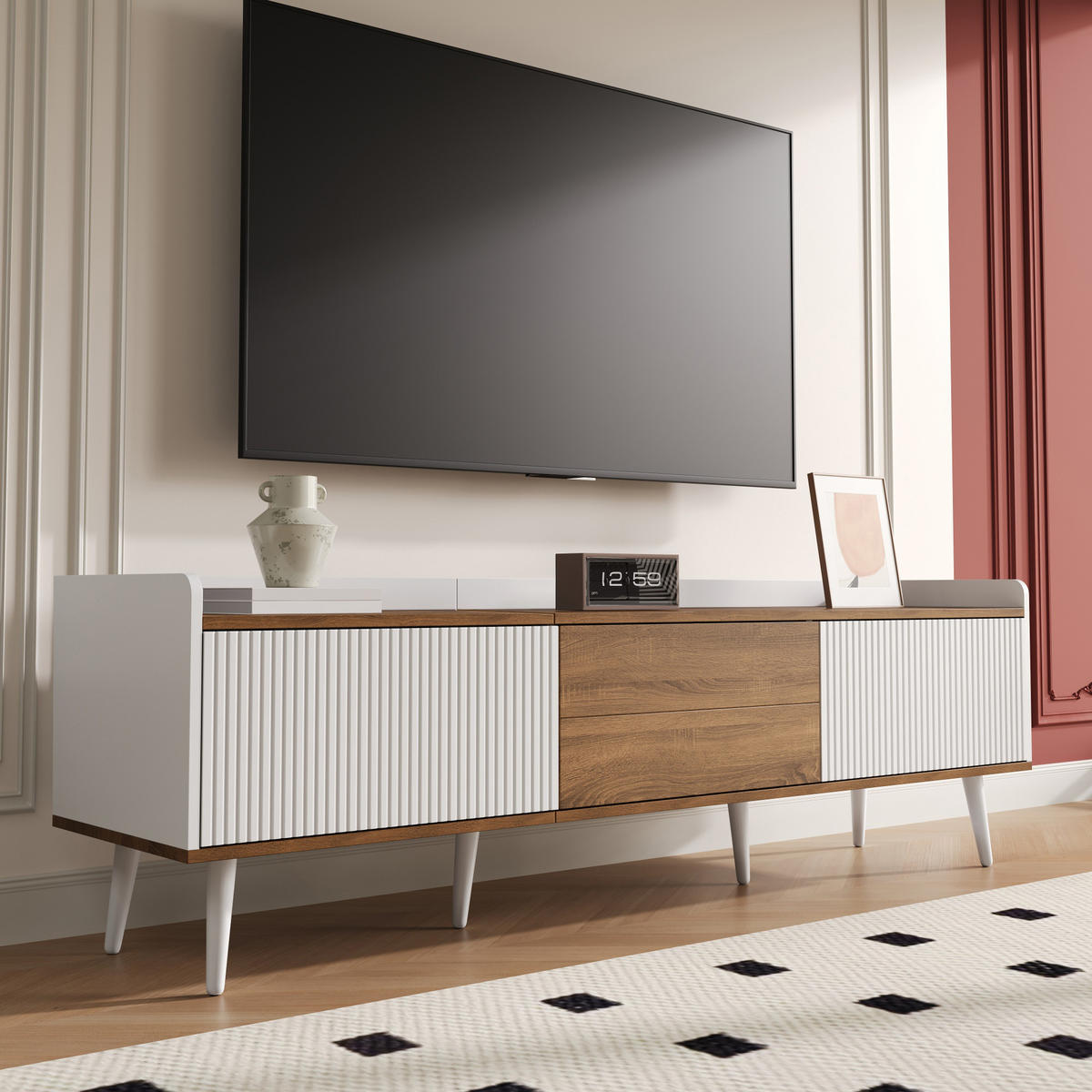 TV-SCHRANK 160/39/49,5 cm Weiß und Natur MDF mit 3 Türen und stabilem Holzfuß - Weiß, Holzwerkstoff (160/49.5/39cm) - OKWISH