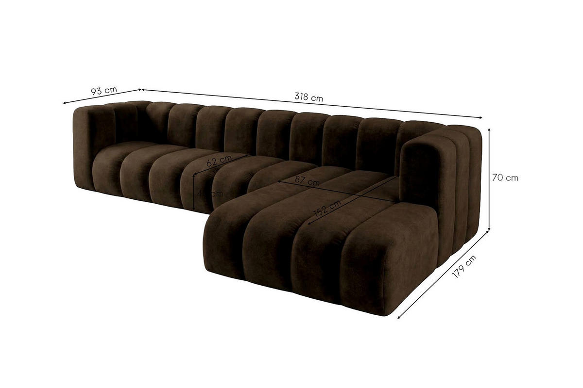 SEDACÍ SOUPRAVA Modulární Ve Tvaru L, Sametová Látka Riviera, Čokoládová, Pravá, GRAND 318 cm - hnědá, dřevo (318/179cm) - Kaiser Möbel
