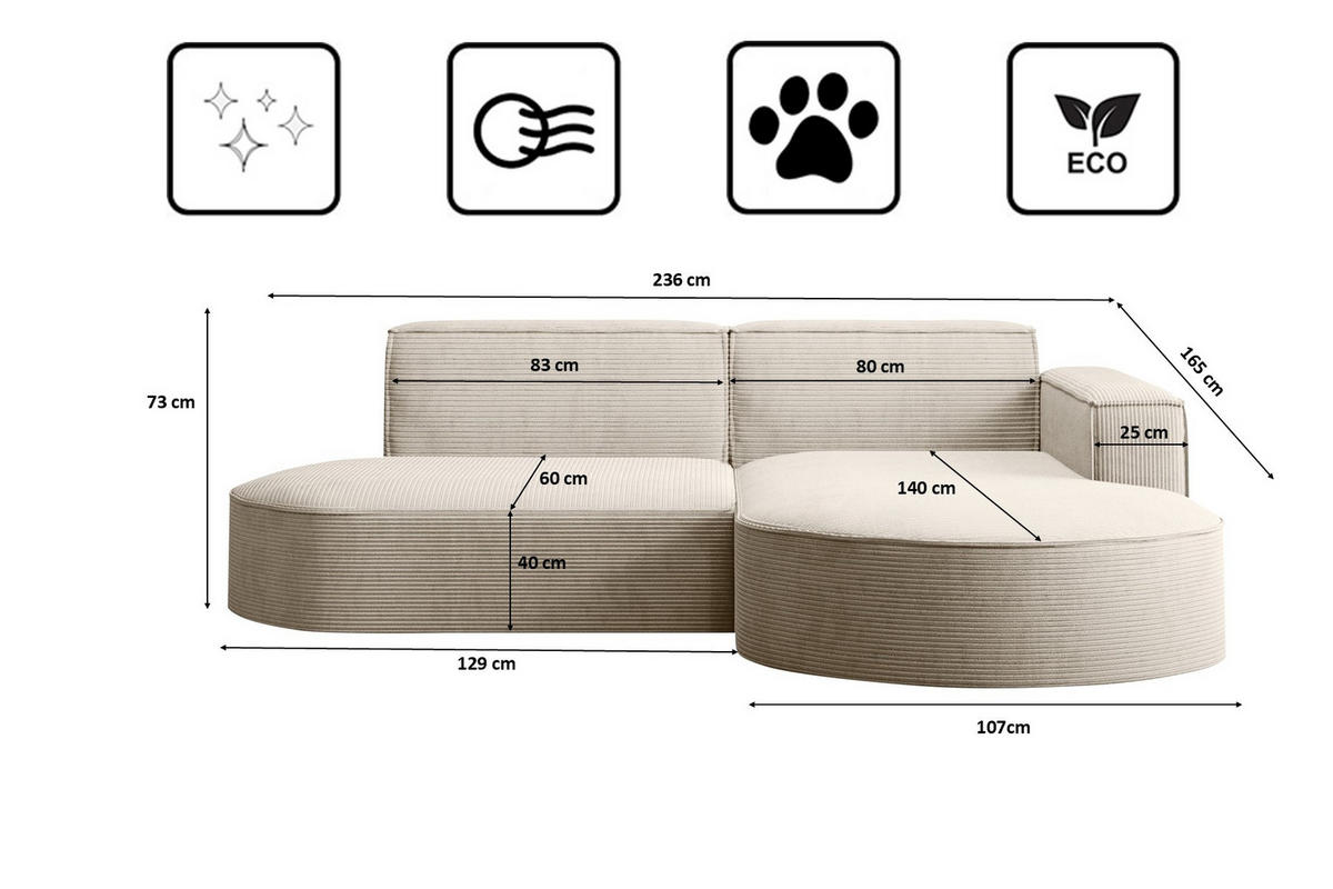 ECKSOFA Modena Studio, Cord Stoff Beige Rechts - Beige, Holzwerkstoff/Textil (236/165cm) - Kaiser Möbel