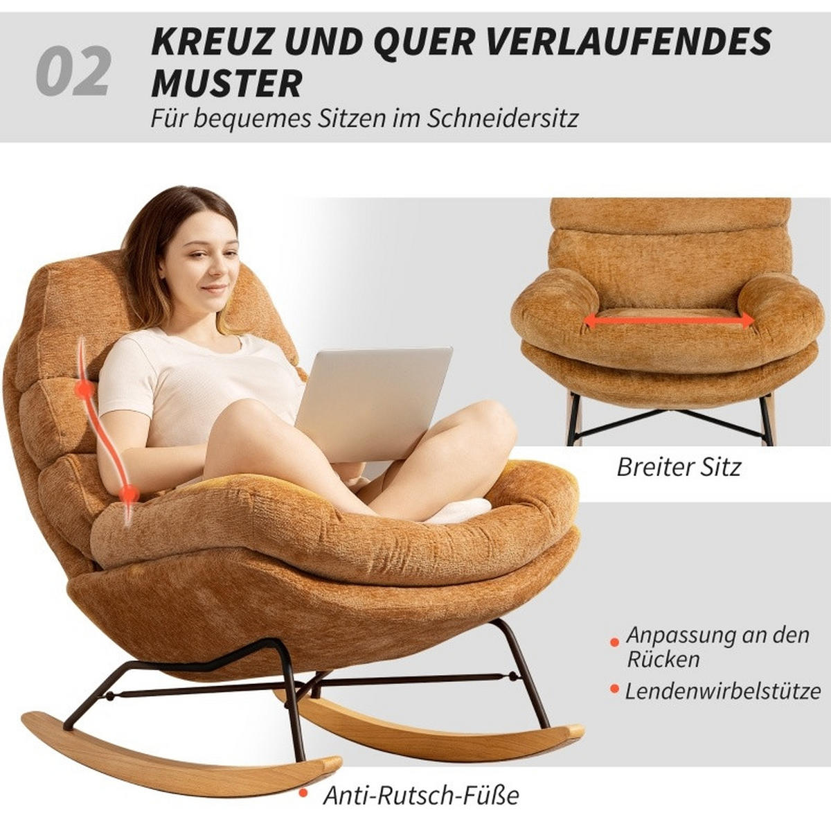 SCHAUKELSTUHL 80/103/91 cm in Gelb mit Polsterung und Stahl-Holz-Kufen - Orange, Textil (80/91/103cm) - Flora Grace