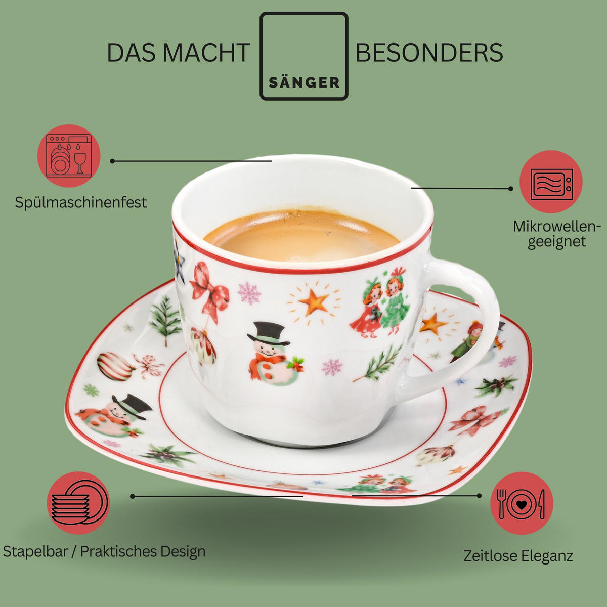 KAFFEETASSEN SET BILGOLA CHRISTMAS DESIGN - 12 teilig aus Porzellan - Weiß, Keramik (46/28/46cm) - Sänger