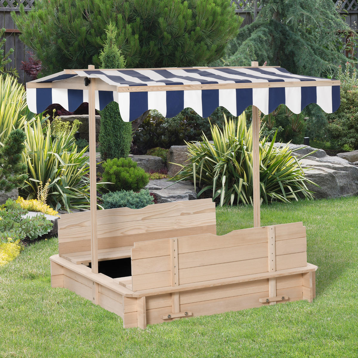 SANDKASTEN mit Dach abnehmbar Rücklehnen Tannenholz 3-7 Jahren Natur - Naturfarben, Holz (106/106/115cm) - Outsunny