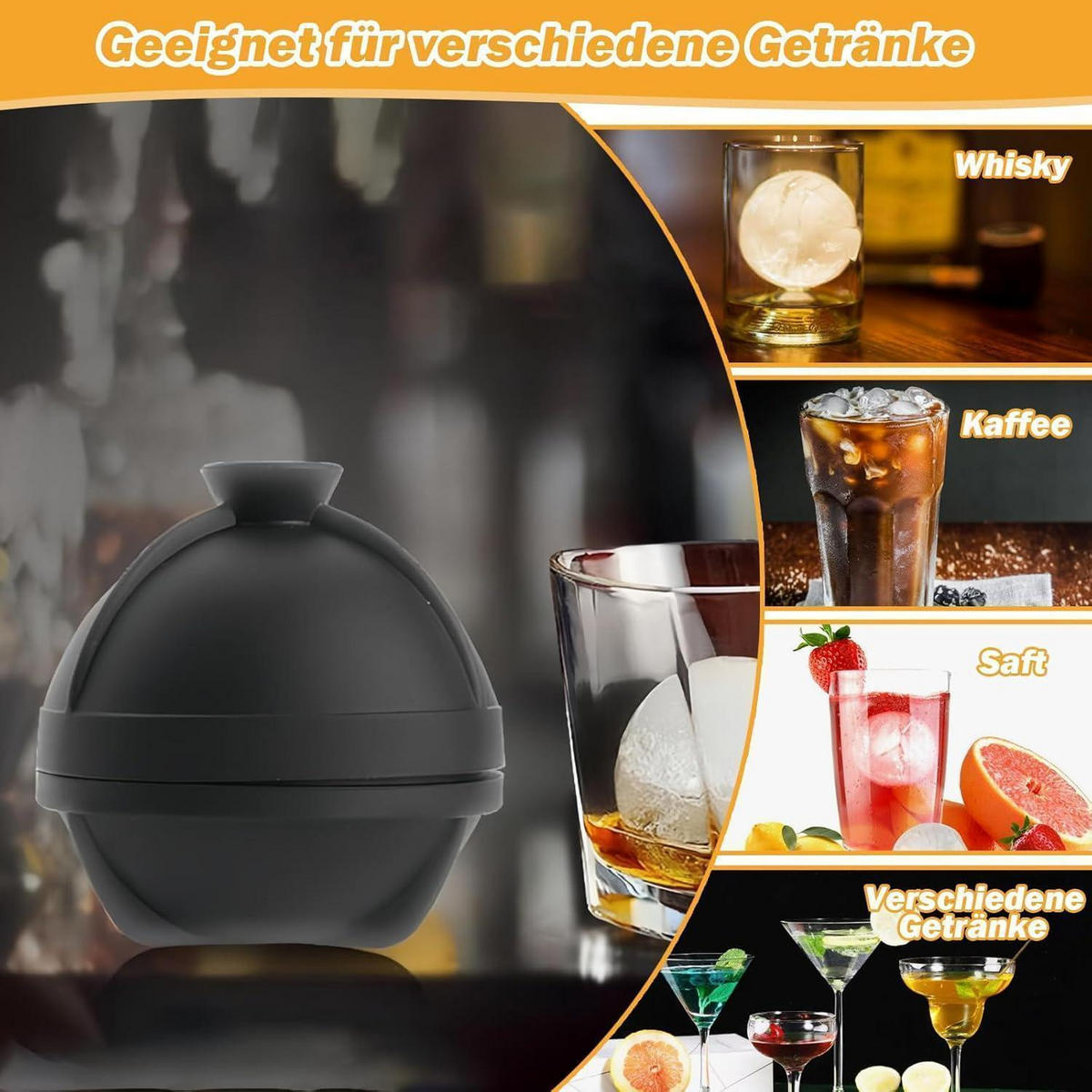 EISWÜRFELFORM Set 4-teilig rund 6 cm - Schwarz, Kunststoff (7/7.5/7cm)