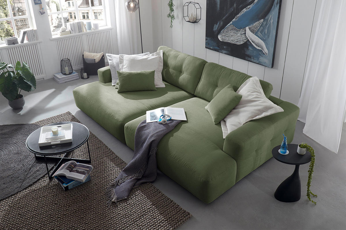 BIG SOFA MIKA Grün Cord - Schwarz/Grün, Kunststoff/Textil (300/86/167cm) - KAWOLA