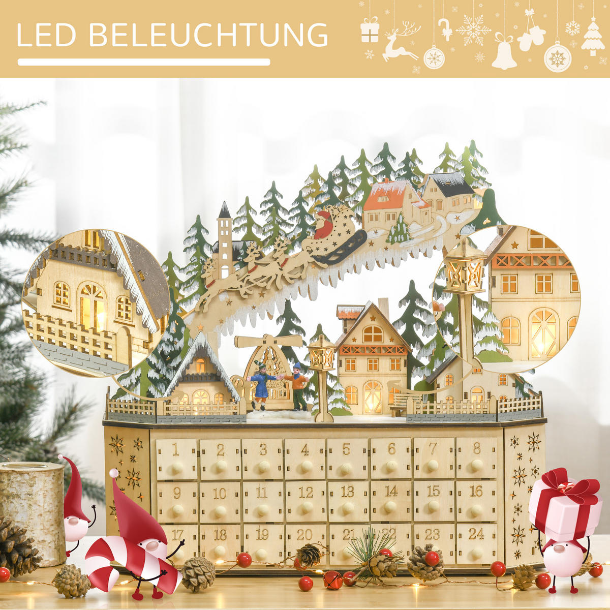 ADVENTSKALENDER zum Befüllen, 24 Schubladen Fächer, mit LED-Lichtern, Naturholz - Naturfarben, Kunststoff (13/43/45cm) - HOMCOM