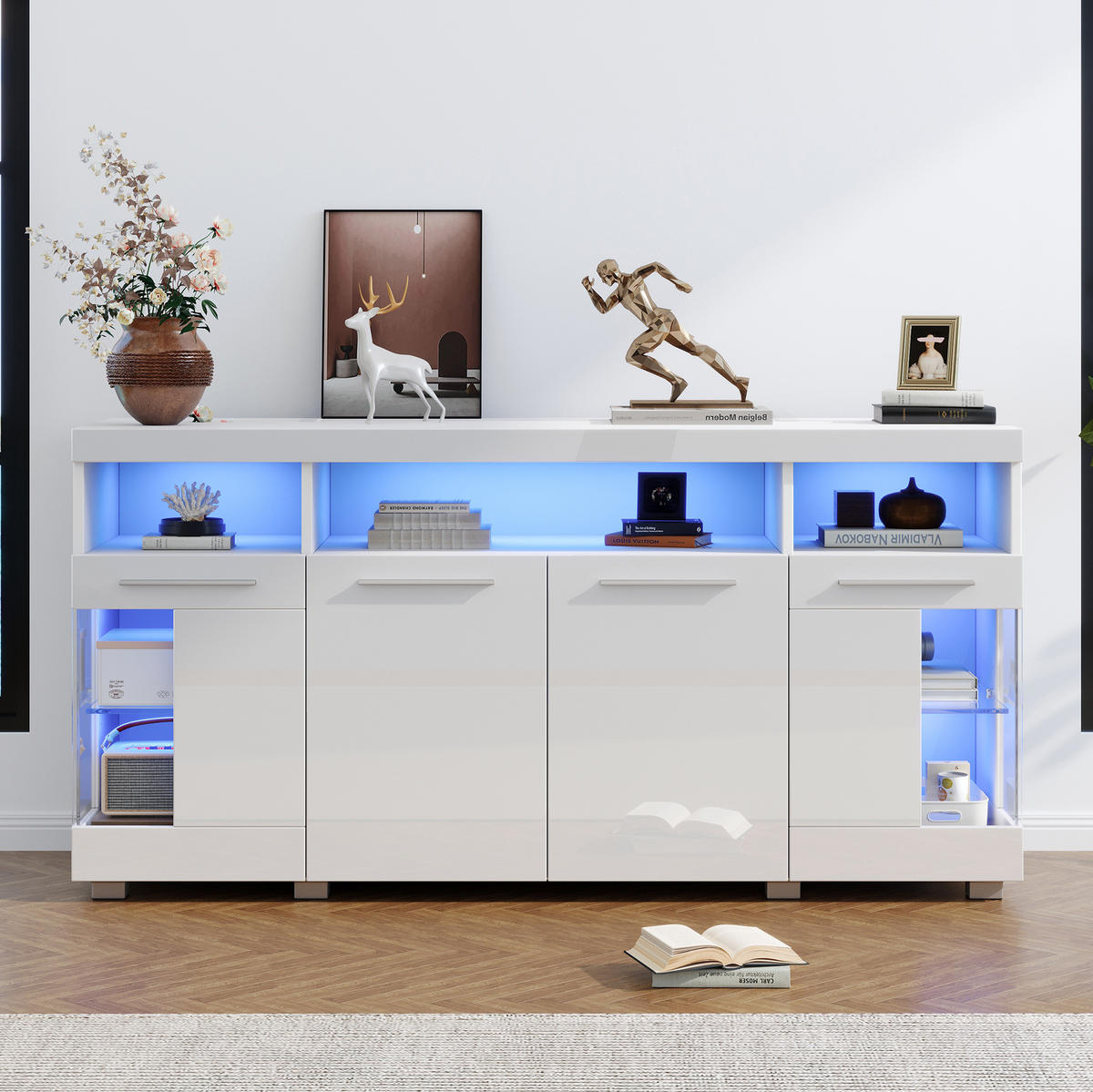 SIDEBOARD 140/40/70 cm Weiß aus MDF mit Glas und LED - Weiß, Holzwerkstoff (140/70/40cm) - OKWISH