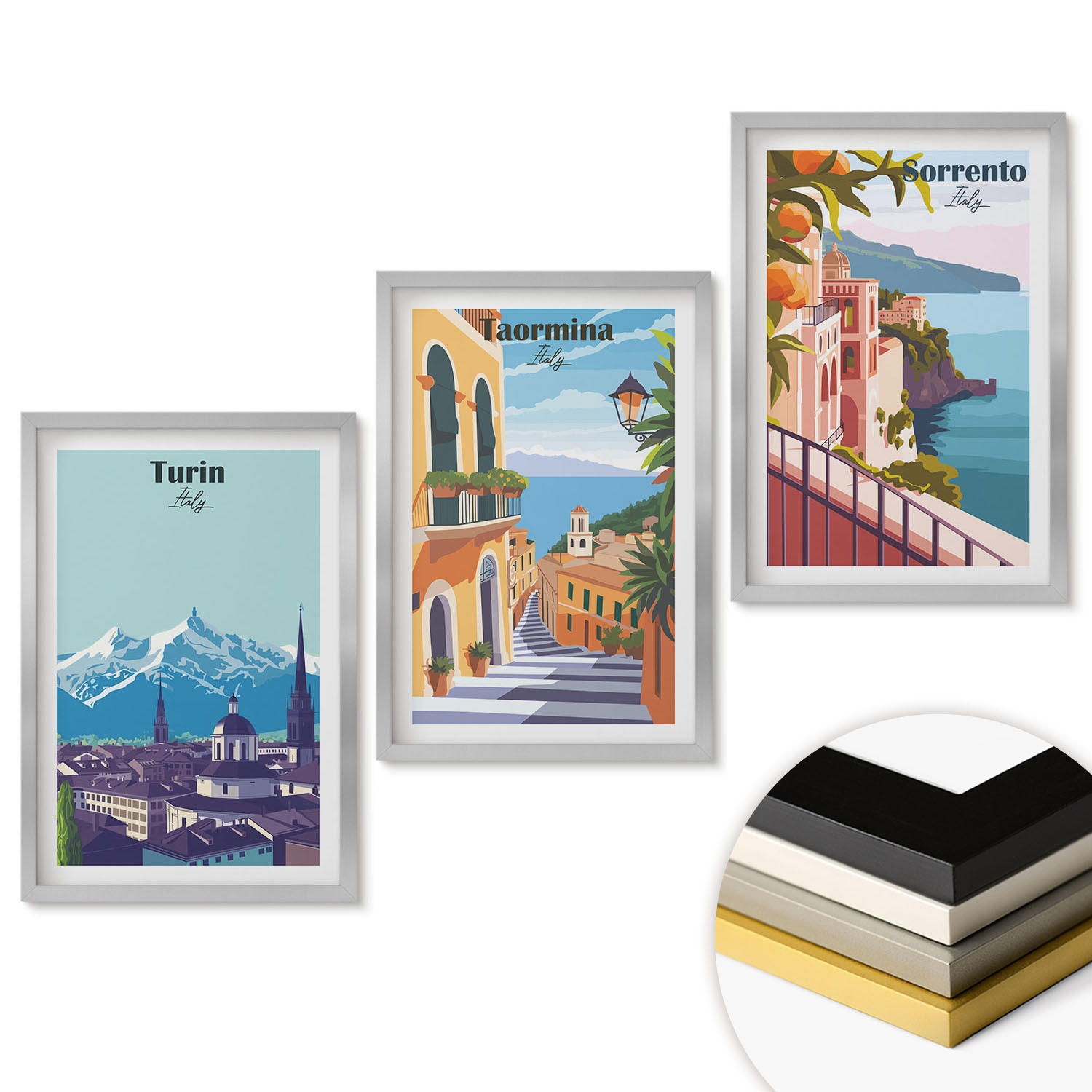 WANDBILDER 3er Set - 40x60 cm Silberner Rahmen - Farbenfrohe Retro-Stadtansichten - Silberfarben, Kunststoff (40/60cm) - ArtPrintCave