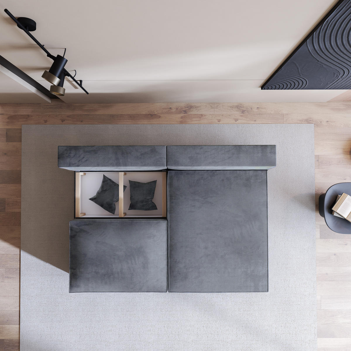 ECKSOFA FIORO M Grau Velours-Stoff mit Schlaffunktion - Grau, Holz (204/148cm) - MASSENO