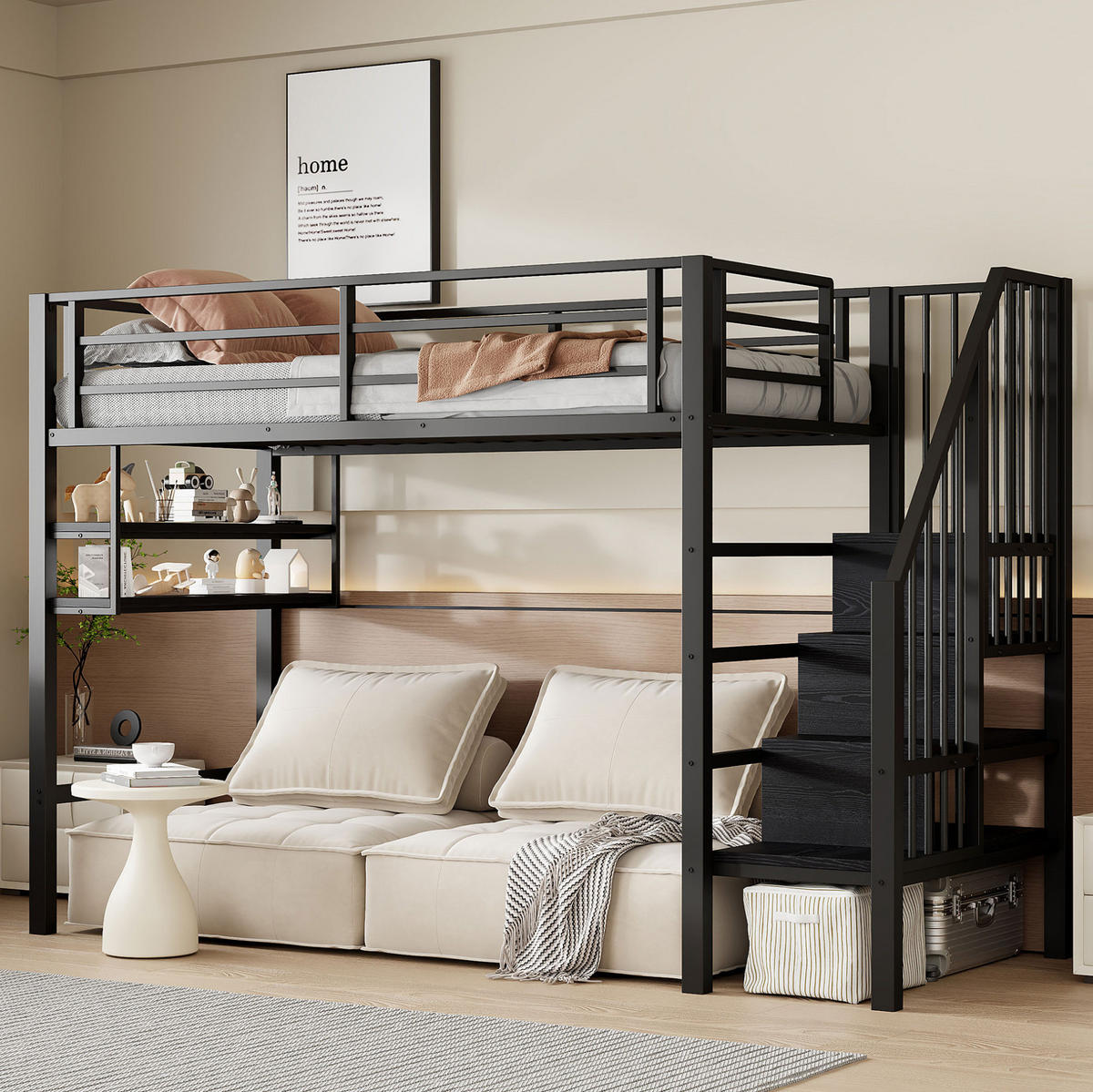 VYSOKÁ postel 90/200 cm černá s úložným žebříkem a policemi z kovu a MDF - černá, kov (90/200cm) - OKWISH