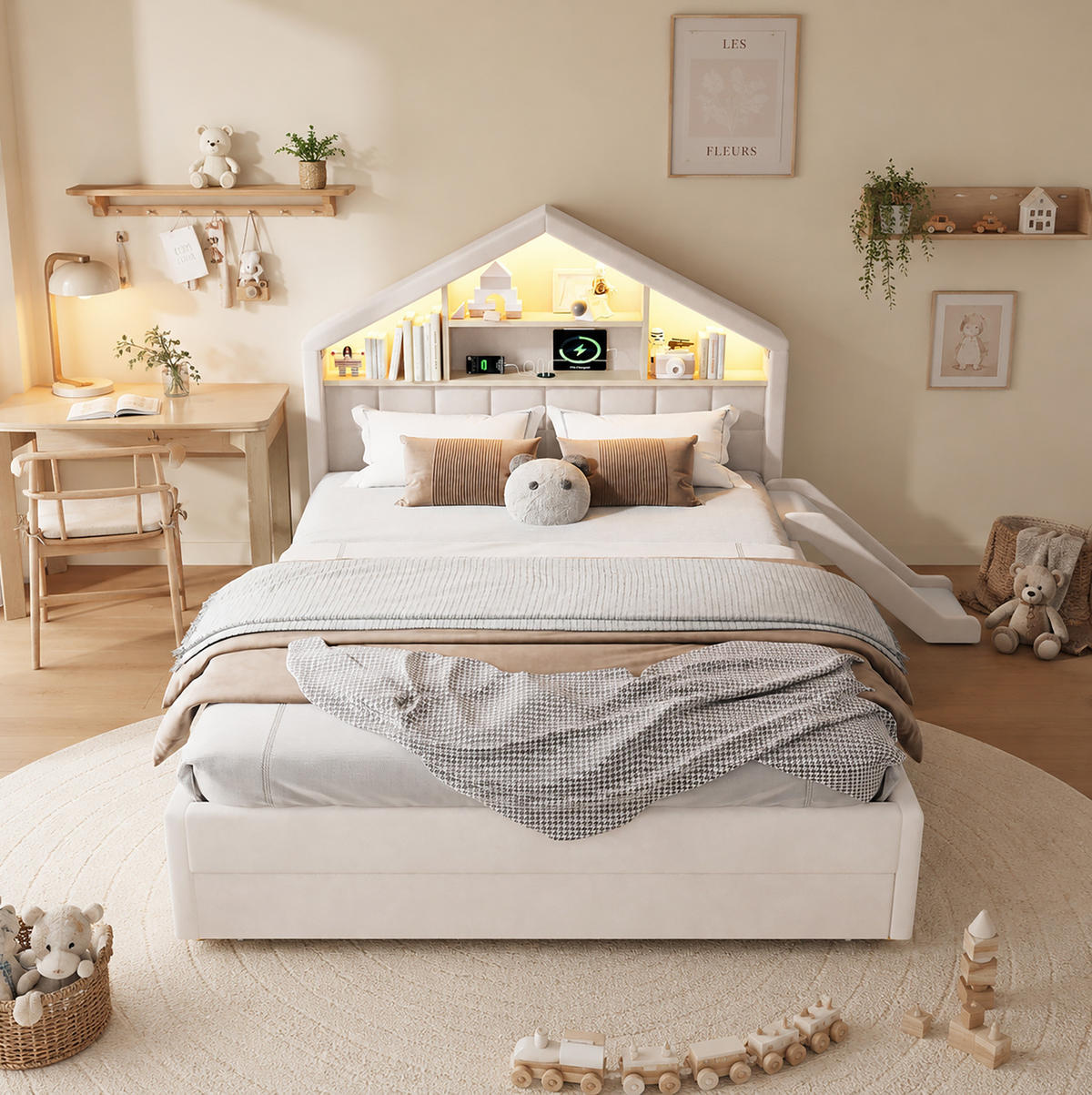 GEPOLSTERTES Hausbett 140x200 cm in Beige mit Rutsche, LED-Beleuchtung und Bettkasten - Beige, Textil (140/200cm) - IVMEU