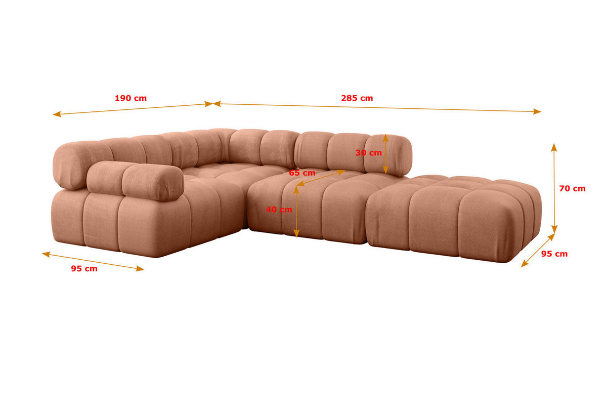 ECKSOFA modulares Sofa Felto-L1 - 285x190x70 cm Apricot Velours - Koralle, Holzwerkstoff/Textil (285/190cm) - ALTDECOR