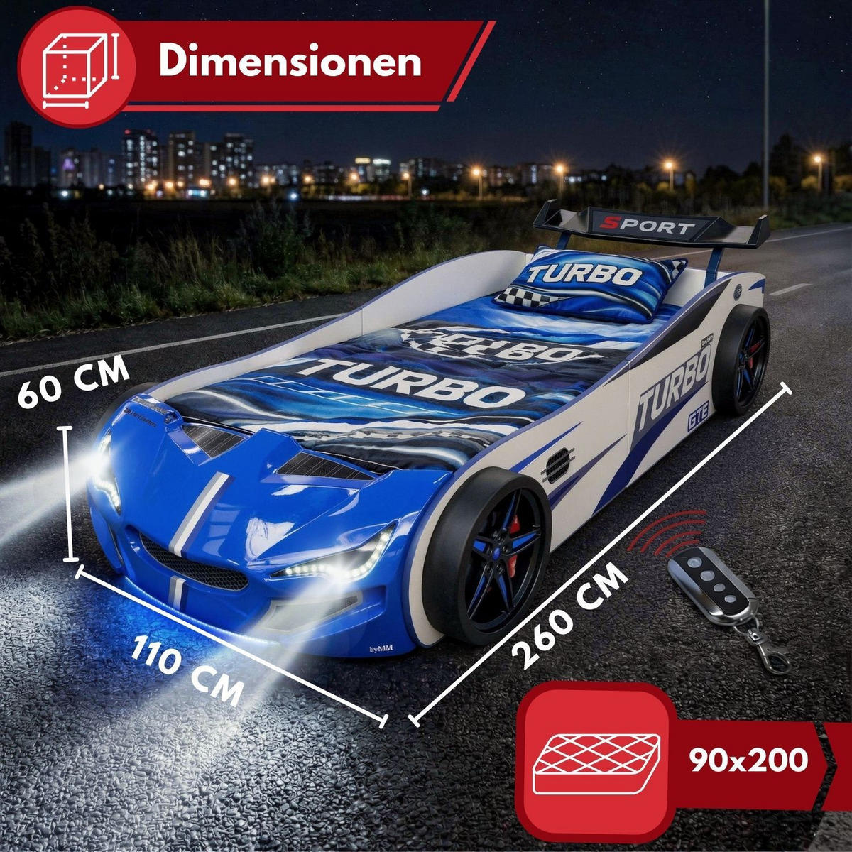 AUTOBETT GTE mit Rollrost, Licht und Sound Farbe Blau - Blau, Holzwerkstoff (90/200cm) - Coemo