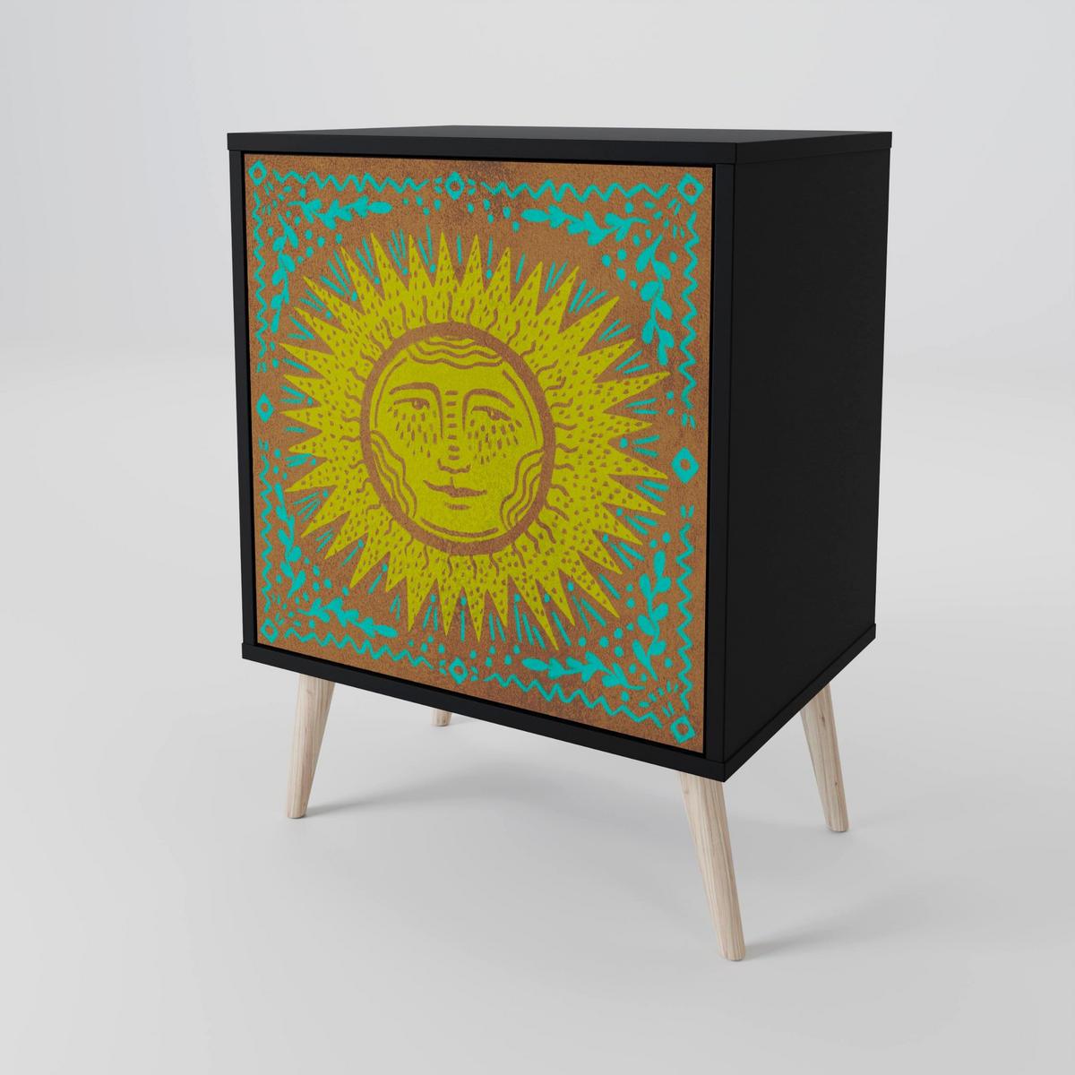 SIDEBOARD SUNSHINE EULOGY, Schwarz, 57,5x42x75,5 cm, Goldfarbene Metallfüße - Goldfarben/Multicolor, Holzwerkstoff/Metall (57.5/75.5/42cm) - SpaceRebels