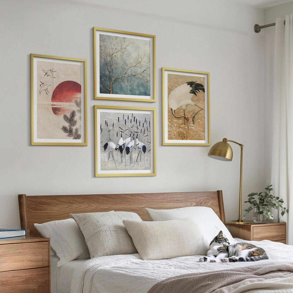 BILDER SET 4er Set - 50x50 cm & 40x60 cm Goldrahmen - Japanische Kraniche Landschaft - Goldfarben, Kunststoff (50/50cm) - TULUP