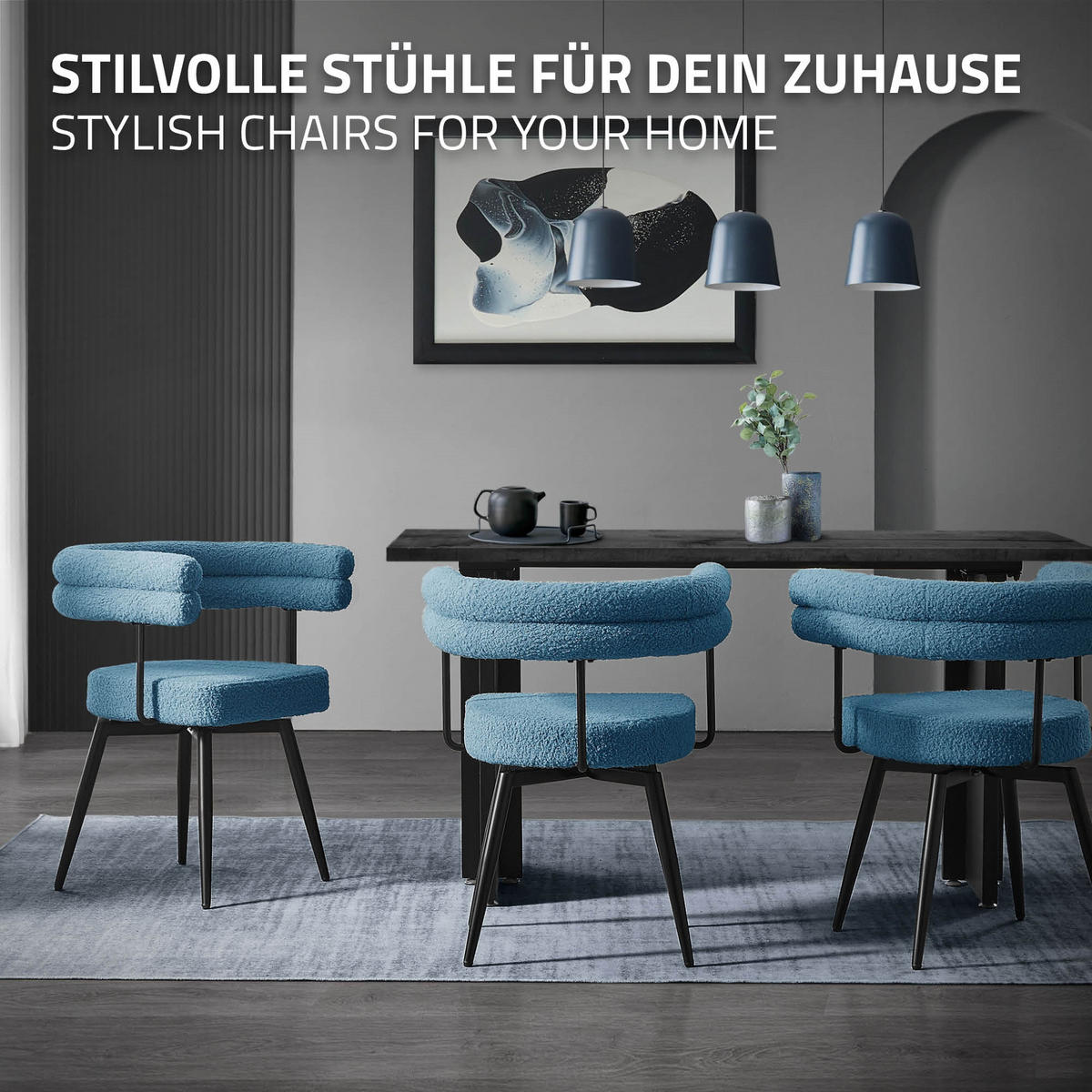 OTÁČIVÉ JÍDELNÍ ŽIDLE, sada 4 ks, modrá látka Teddy - modrá/černá, kov/textil (63/75/55cm) - ML-DESIGN