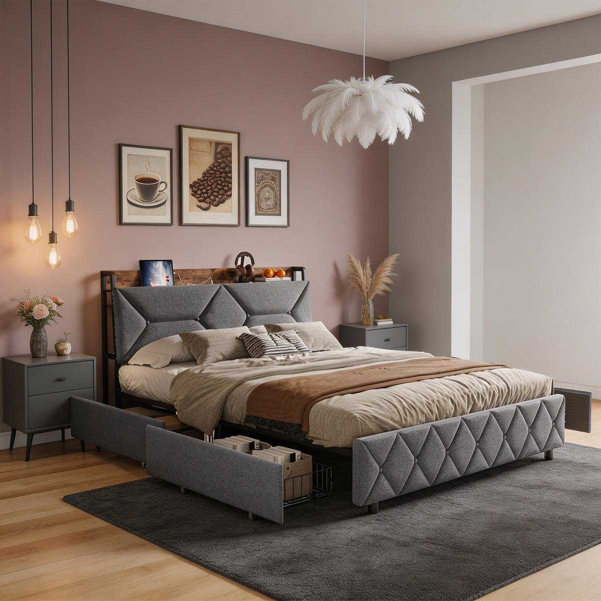 POLSTERBETT 140x200 mit Stauraum, 4 Schubladen und Steckdose, Lattenrost, Kopfteil mit verstecktem Stauraum, Grau - Grau, Holz/Textil (140/200cm) - GENKI LIVING