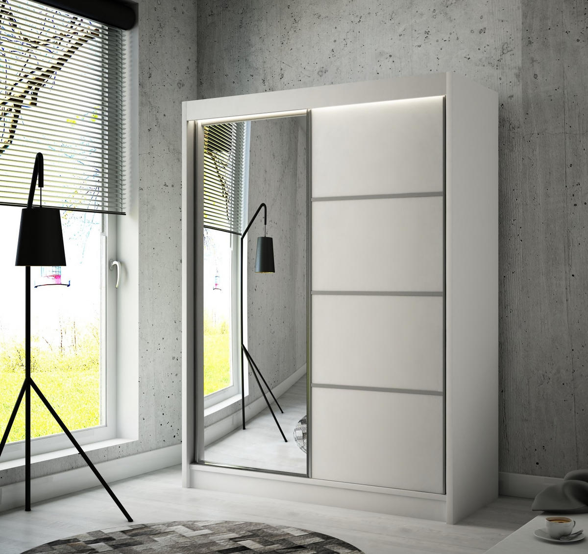SCHRANK Weiß PAKO Schiebetür Mit Spiegel 150 cm - Weiß, Holzwerkstoff (150/215/61cm) - Sepro Meble