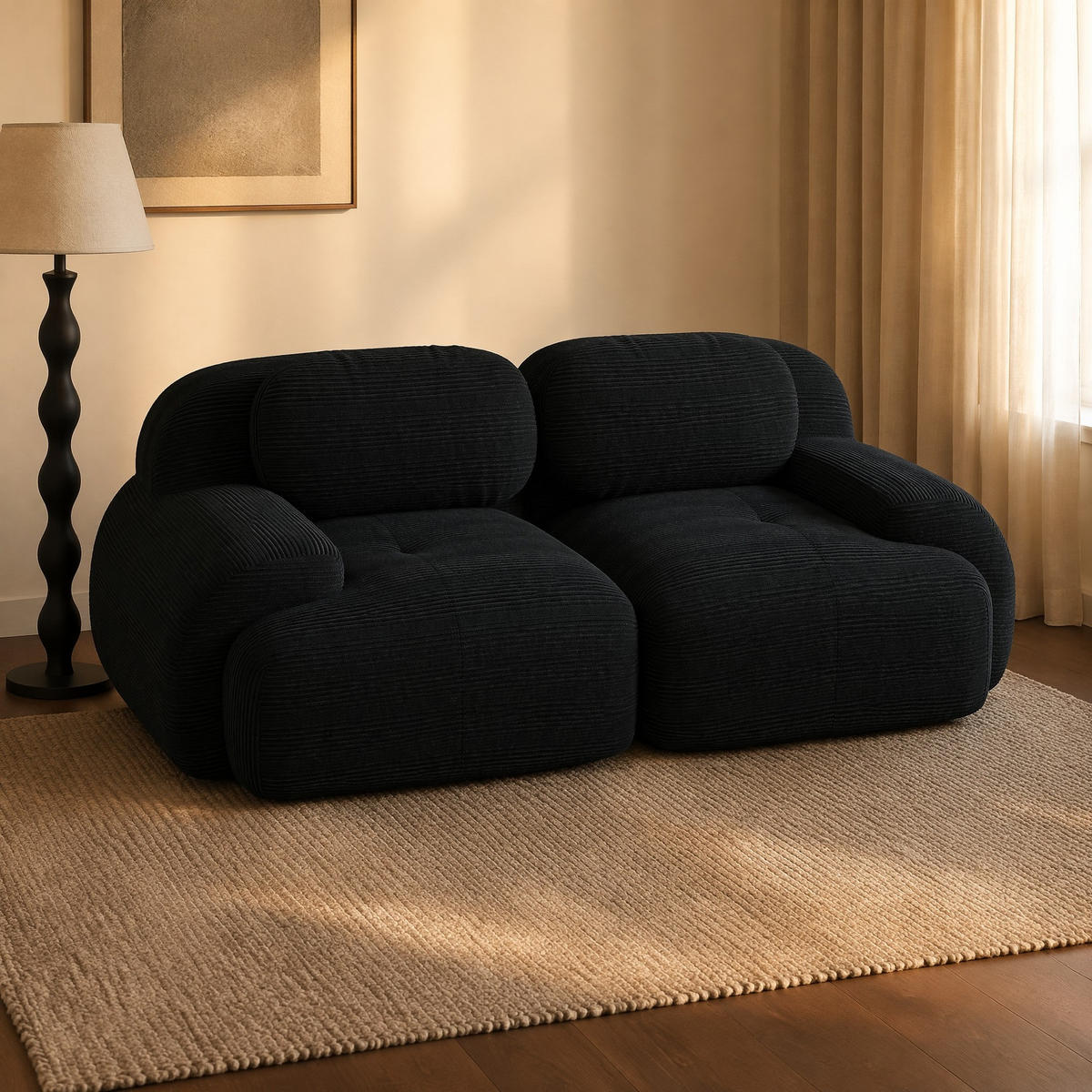 SOFA 2-Sitzer in Schwarz aus Cord mit modularem Design und geschwungenen Armlehnen - Schwarz, Textil (208/75/103cm) - CHICFURN