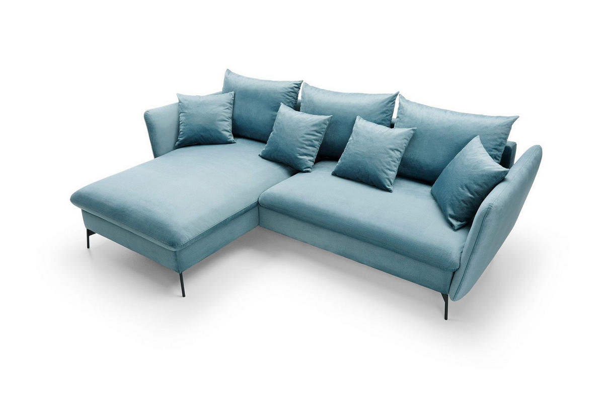 ECKSOFA FERRO Blau Velours-Stoff mit Schlaffunktion - Blau, Holz (258/167cm) - MASSENO