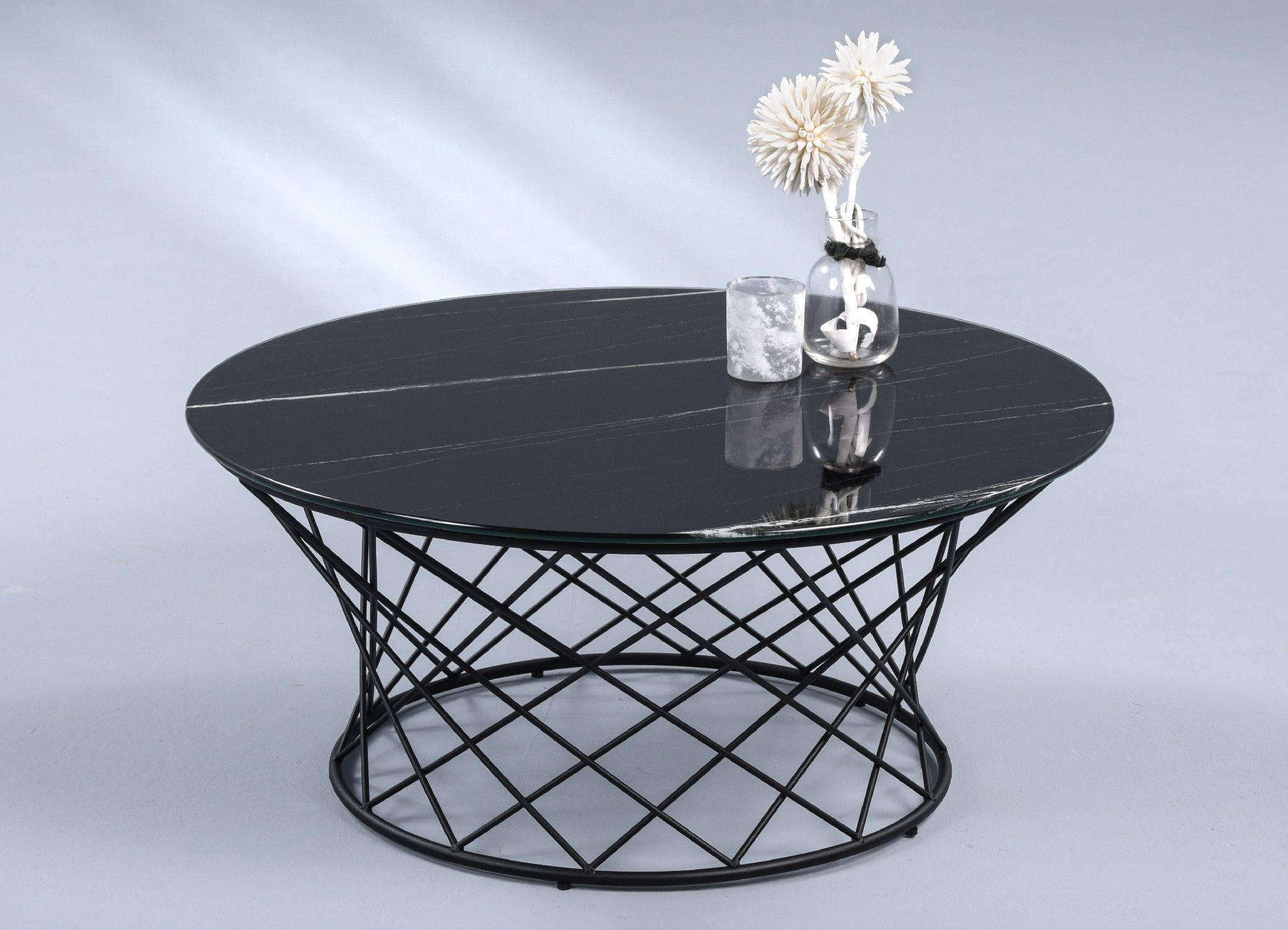 COUCHTISCH Gloria Rund Metall Sicherheitsglas in Marmoroptik 80/35/80 cm - Schwarz, Metall (80/35/14cm) - M2 Kollektion