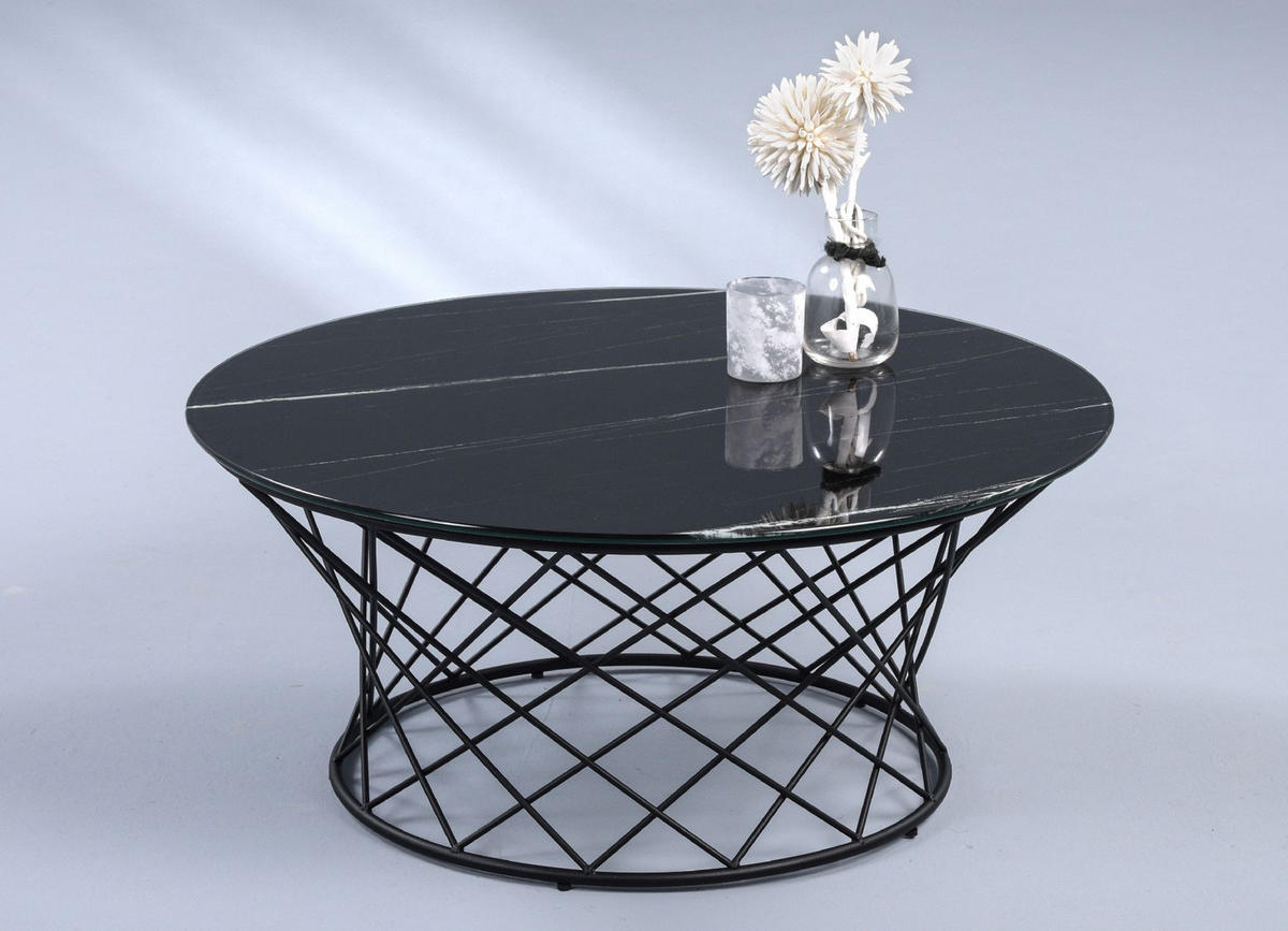 COUCHTISCH Gloria Rund Metall Sicherheitsglas in Marmoroptik 80/35/80 cm - Schwarz, Metall (80/35/14cm) - M2 Kollektion