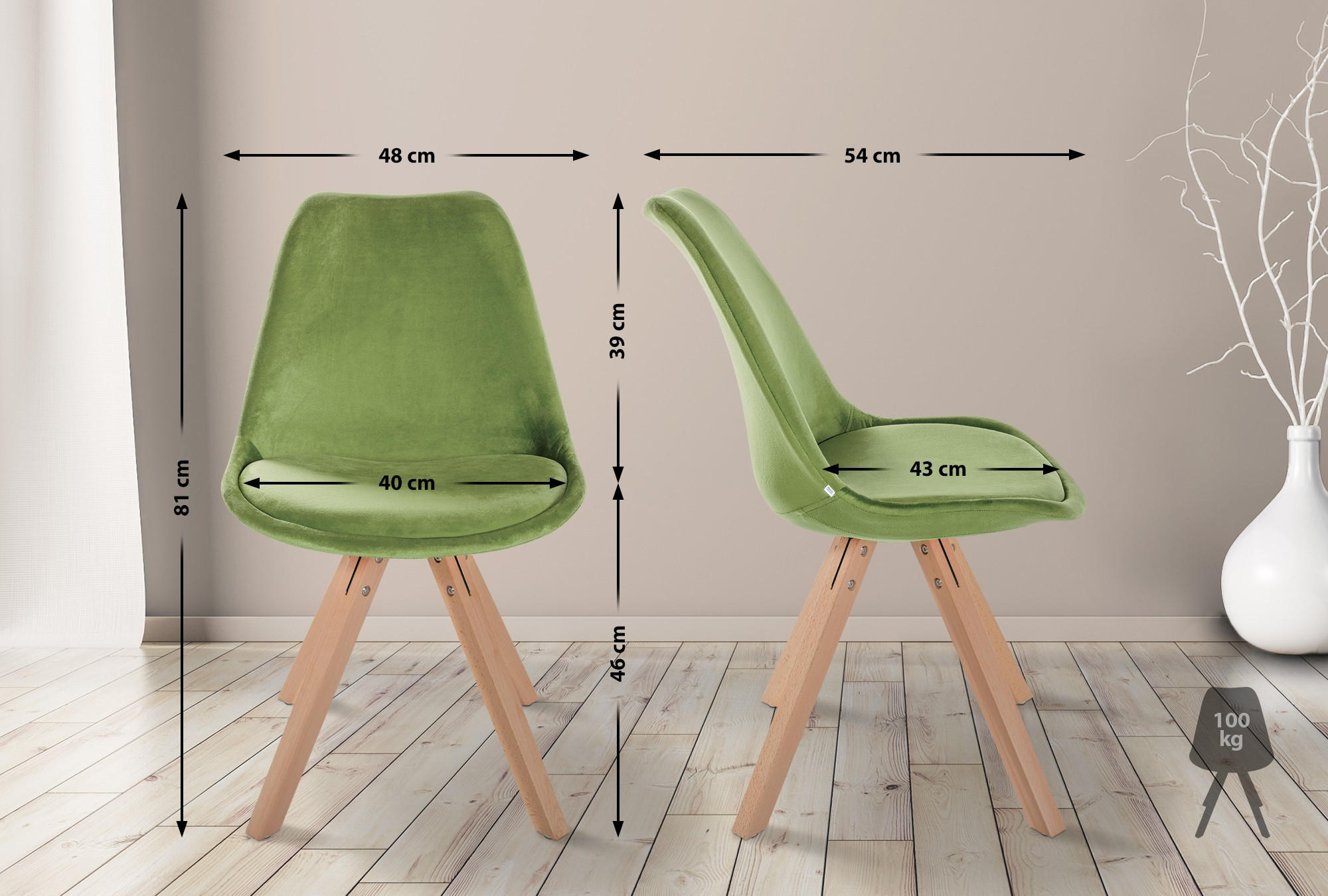 STUHL 4er Set Samt hellgrün - Naturfarben/Hellgrün, Holz/Textil (48/81/54cm) - CLP