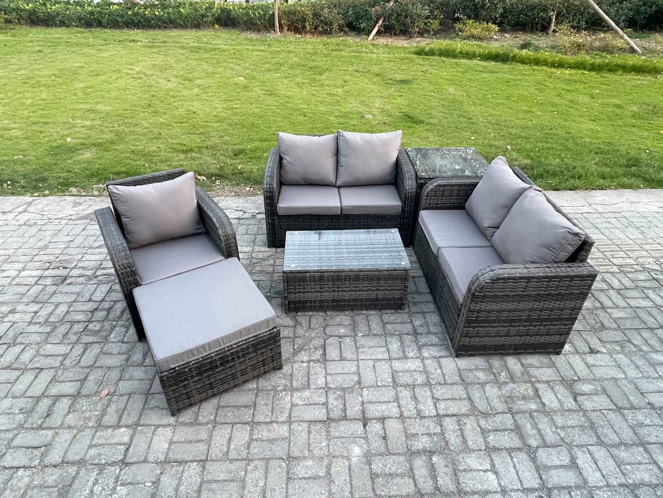 LOUNGESOFA-SET Polyrattan Dunkelgrau 6-Sitzer - Dunkelgrau, Metall - Fimous