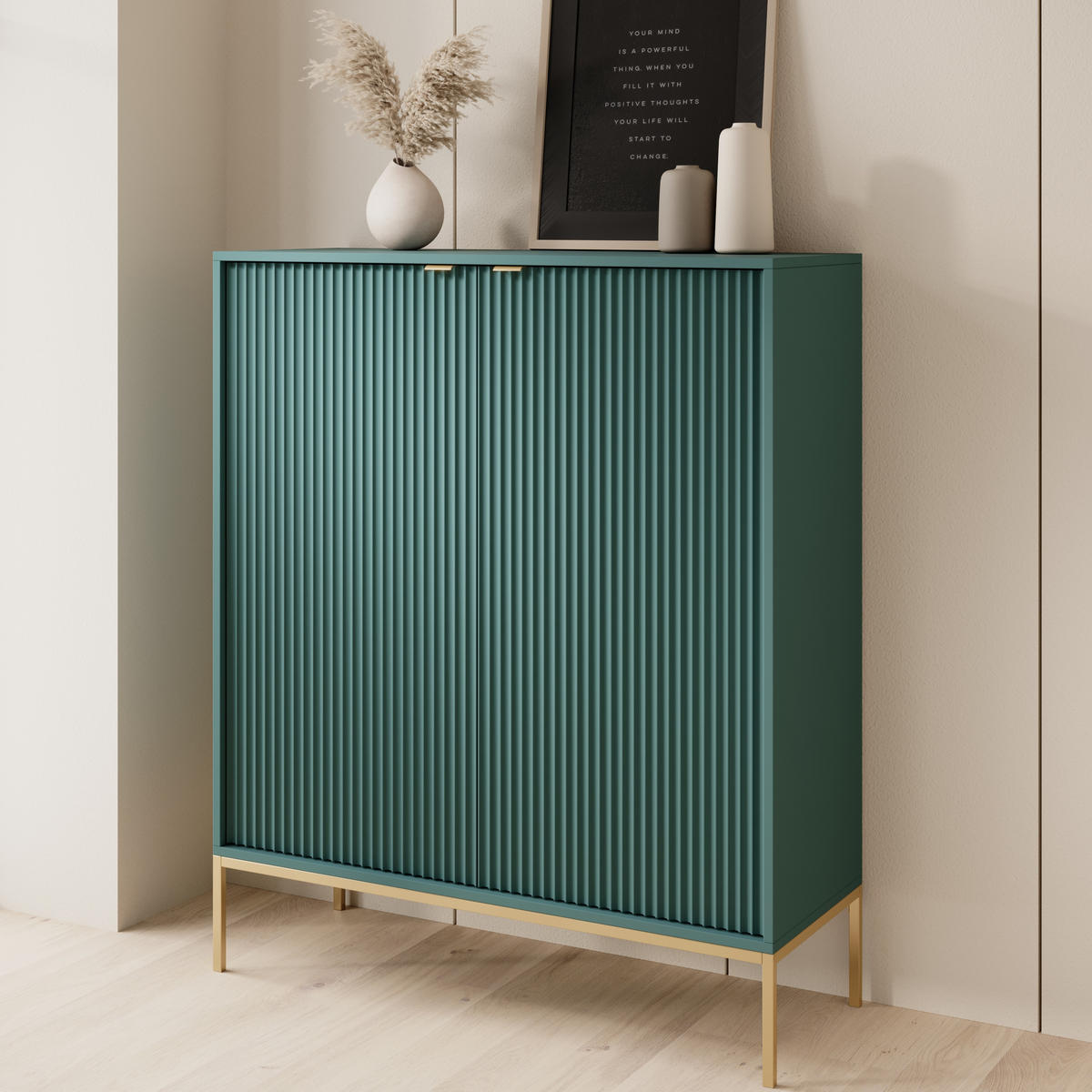 GRÜNE Moderne Geriffelte Hochkommode KIOTO KW2D (Gold Gestell, Soft-Close Türen) - Goldfarben/Grün, Holz/Holzwerkstoff (104/125/39cm) - Ravio