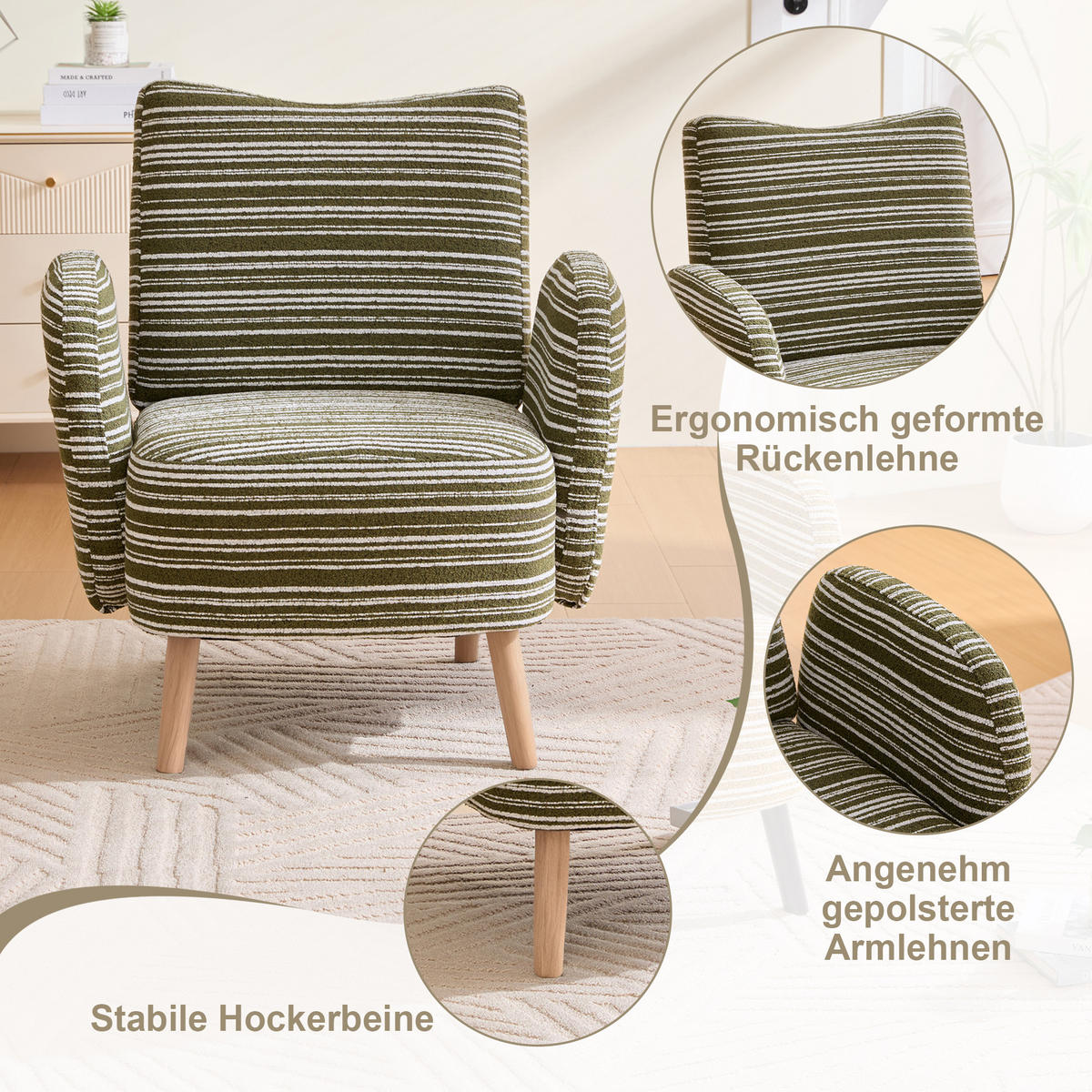 SESSEL Bouclé Olivgrün mit Seitentasche - Olivgrün, Holzwerkstoff/Textil (77/87/81cm) - WISHDOR