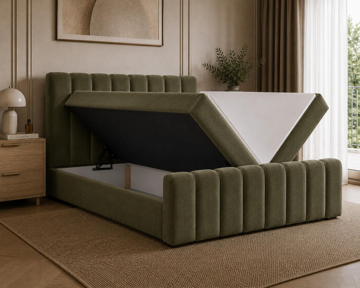 BOXBETT 01 BIS 160 x 200 cm - Vibe - Modernes Polsterbett mit Bettkasten inkl. PU-Schaum-Topper und Federmechanismus - Olivgrün, Holz (160/200cm) - ROYAL24_MARKT