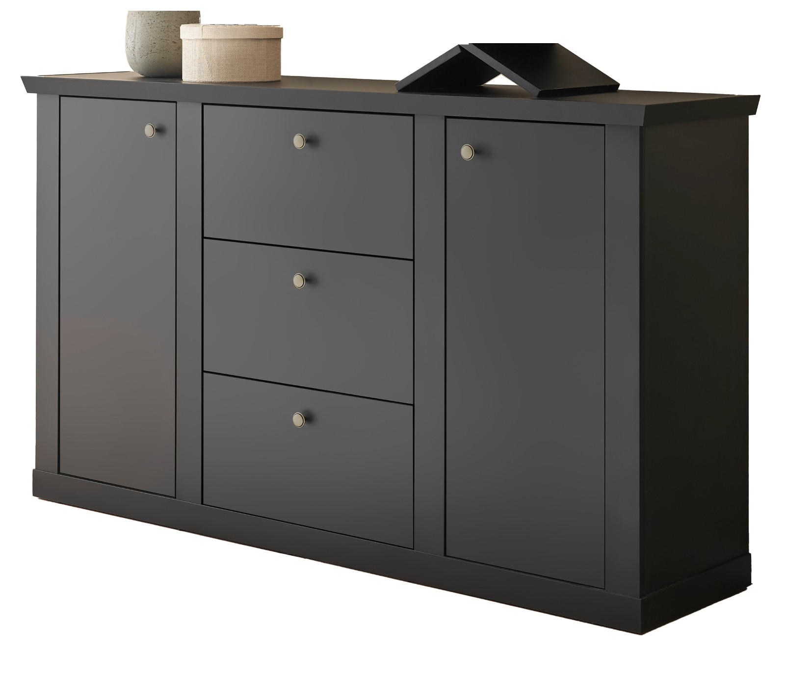 SIDEBOARD schwarz matt, Eiche Landhaus 158 cm, Kommode mit Soft-Close - Eichefarben/Messingfarben, Holzwerkstoff/Metall (158/92/42cm) - Furn.Design