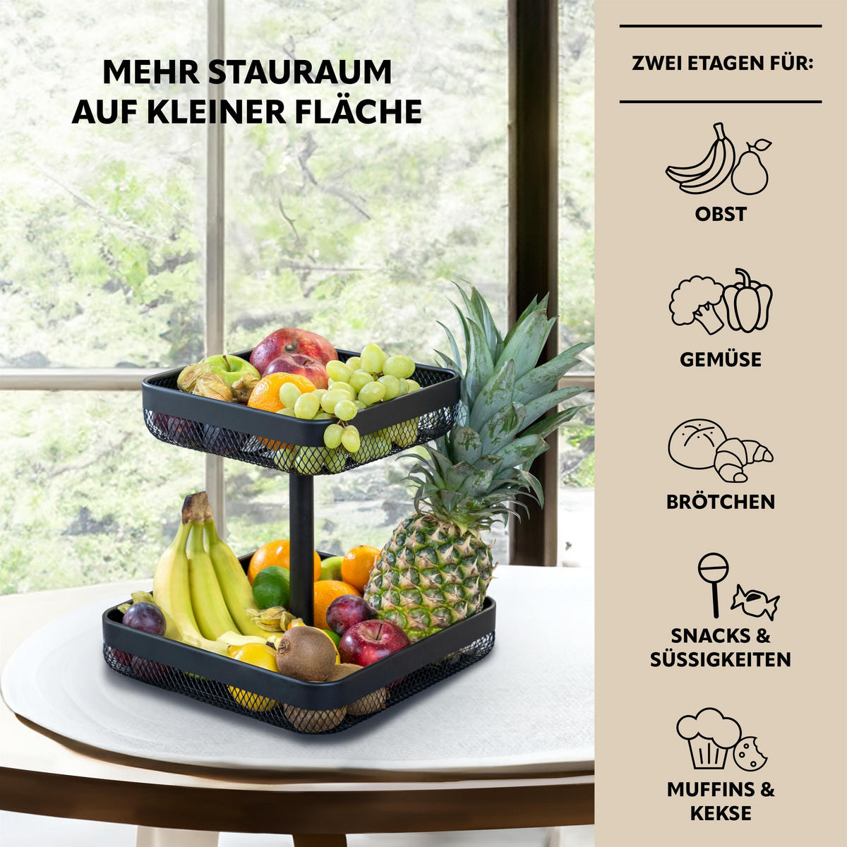 OBSTETAGERE 2-STÖCKIG eckig Metall schwarz - Schwarz, Metall (30/31cm) - eluno